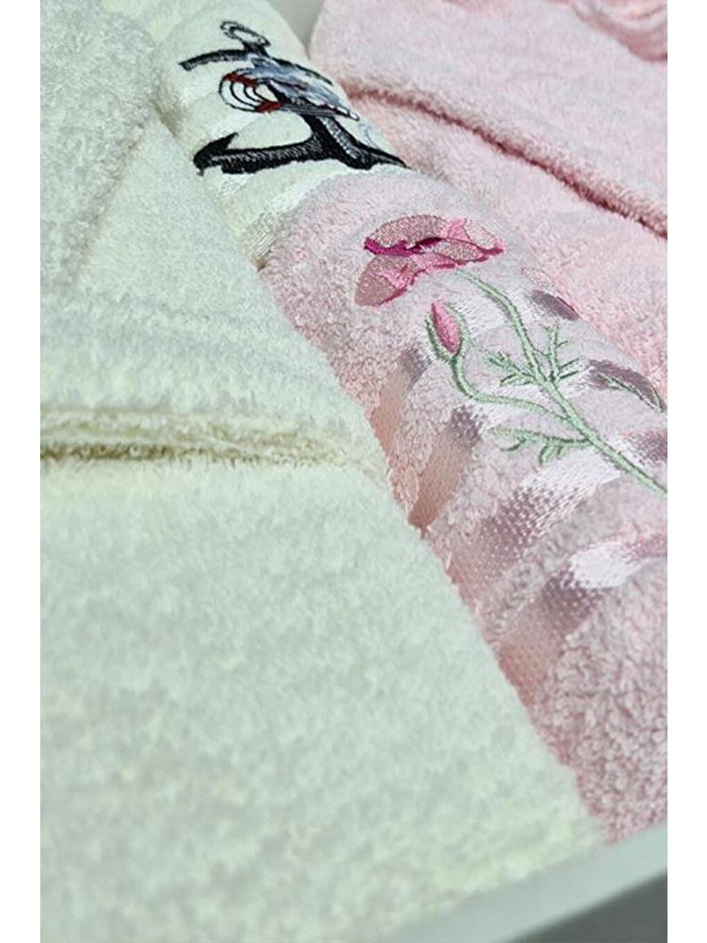 Karışık Çeyizlik Aile Bornoz Seti 4 Parça Krem Pudra-5