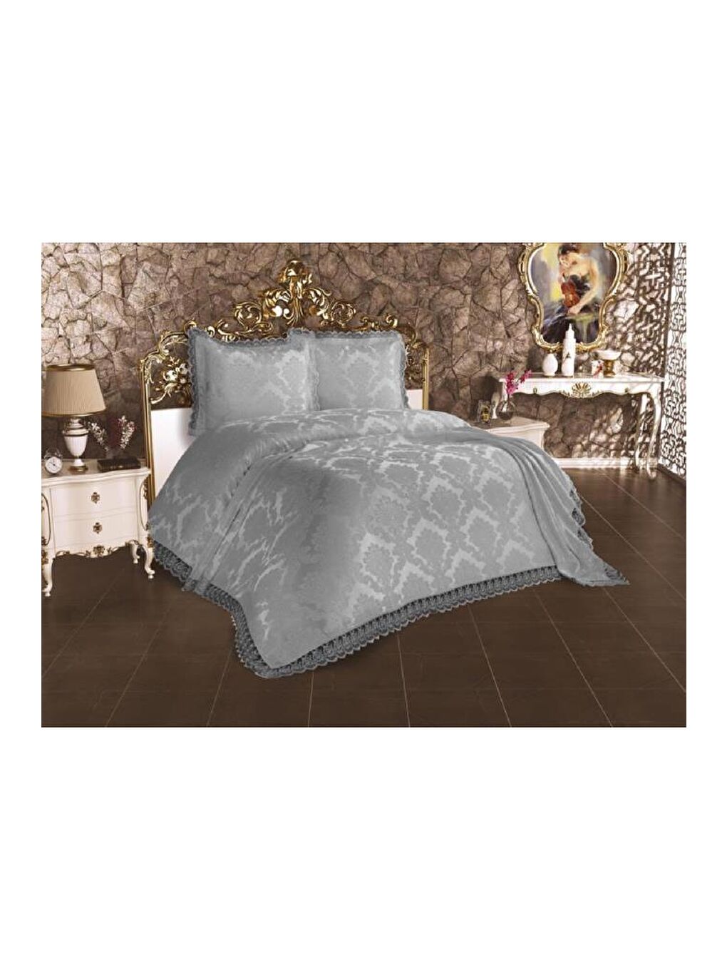 Karışık Fransız Dantelli Lalezar Yatak Örtüsü Gri-2