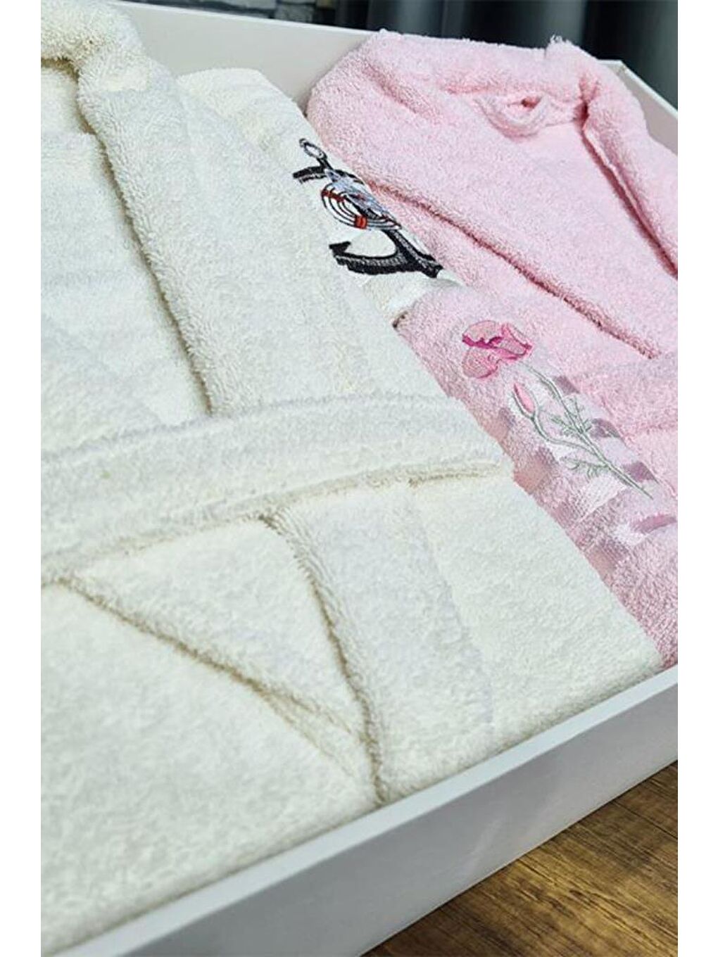 Karışık Çeyizlik Aile Bornoz Seti 4 Parça Krem Pudra-7