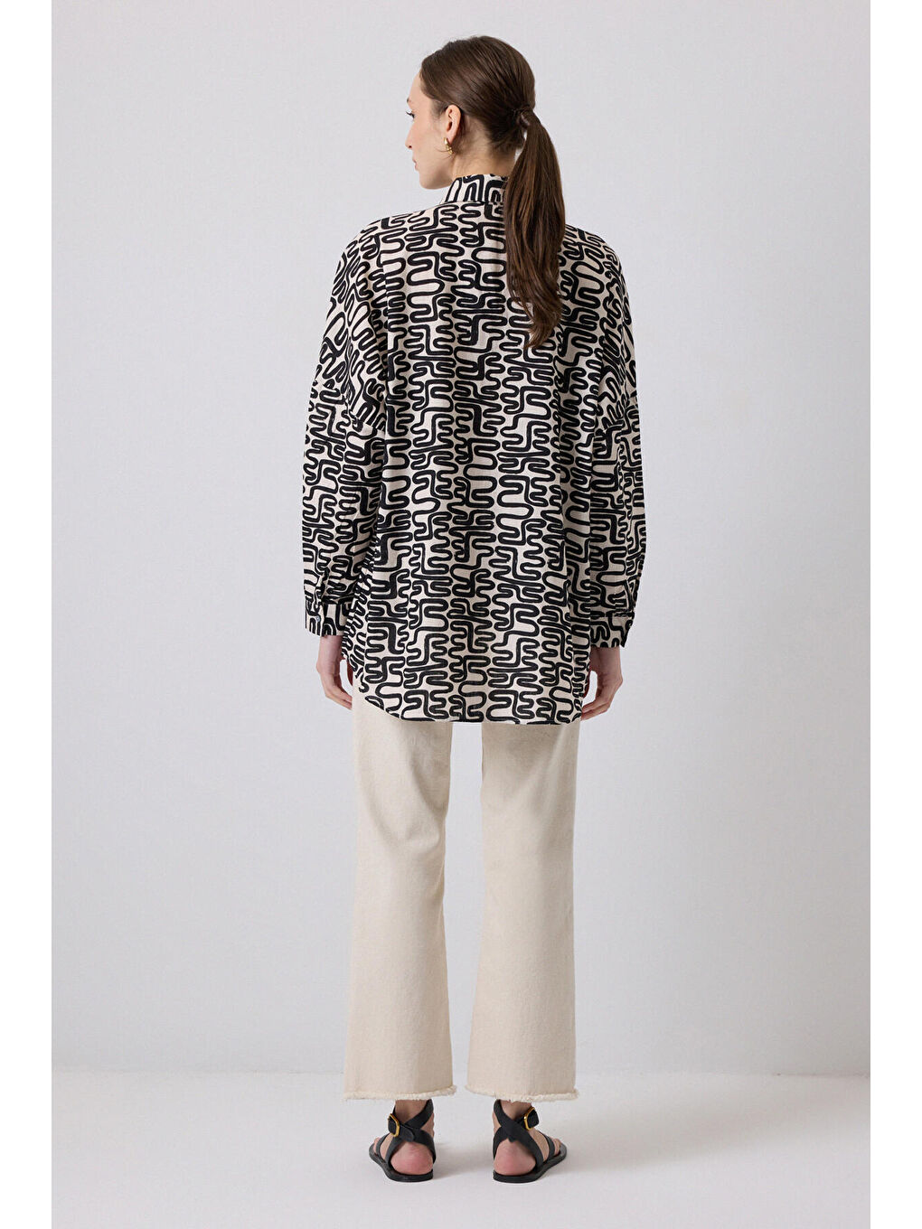 Siyah %100 Pamuklu Desenli Oversıze Gömlek-2