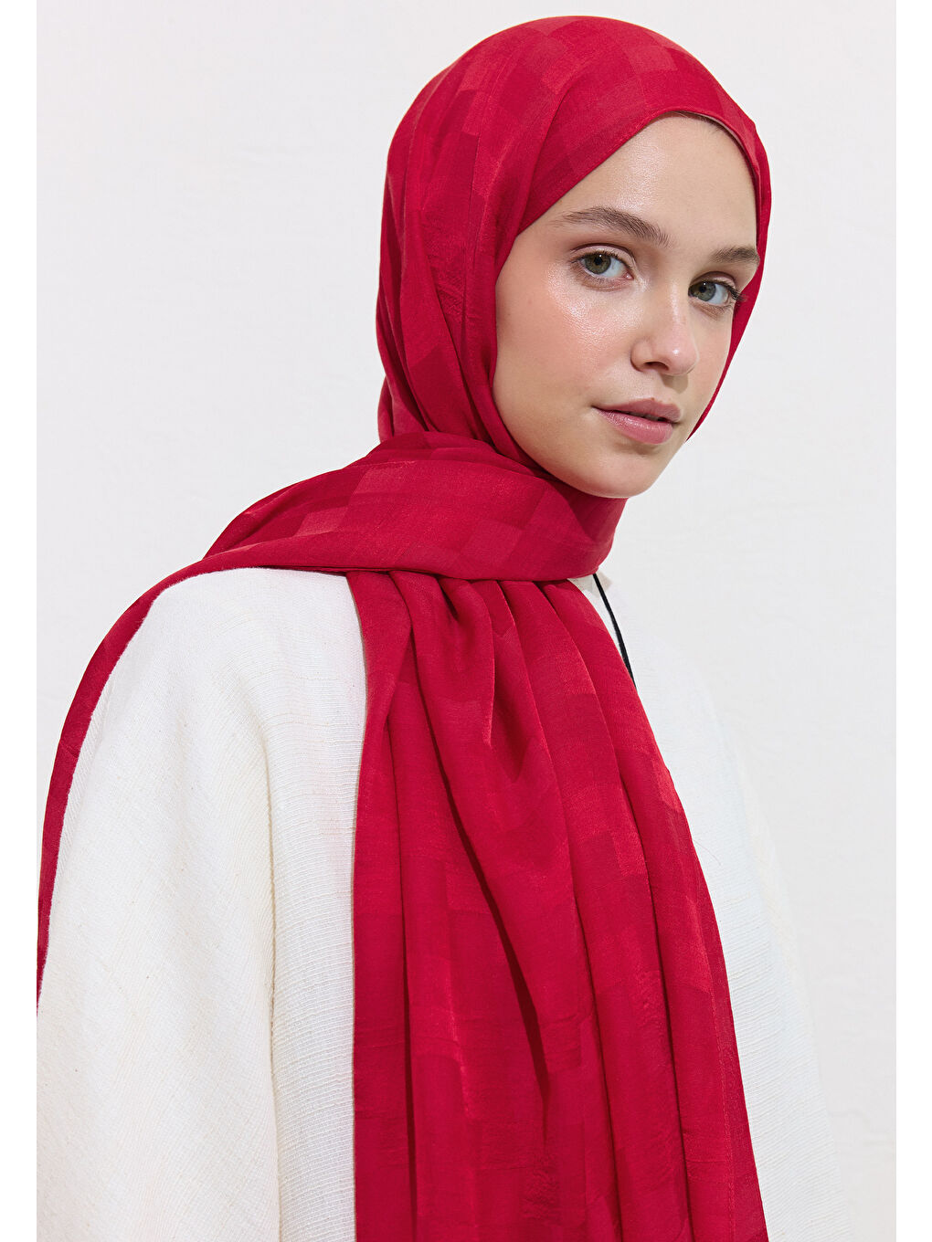 Nori İpek Jakar Şal Kırmızı-1