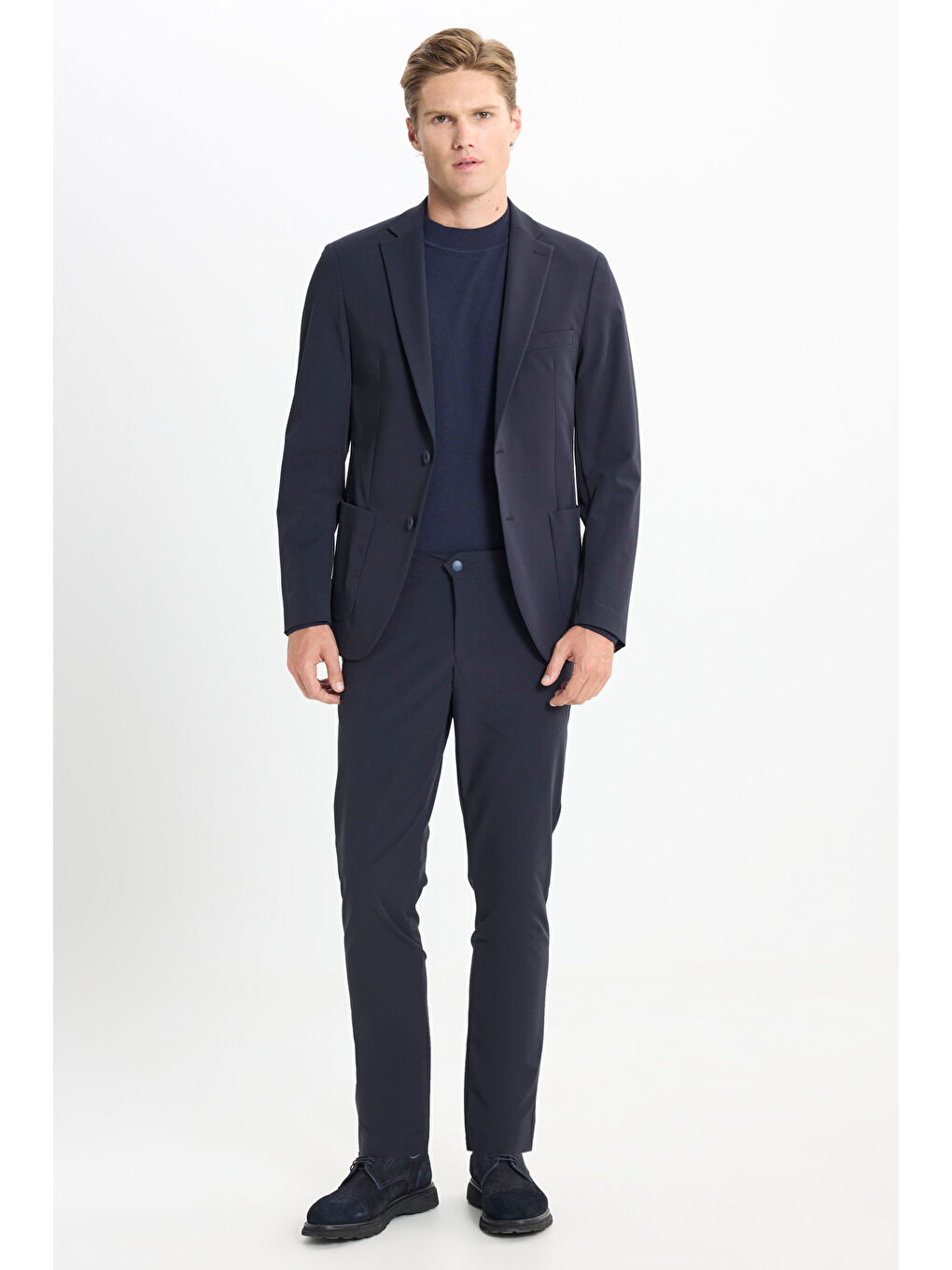 Erkek Lacivert Slim Fit Dar Kesim Mono Yaka Torba Cepli Esnek Takım Elbise-1