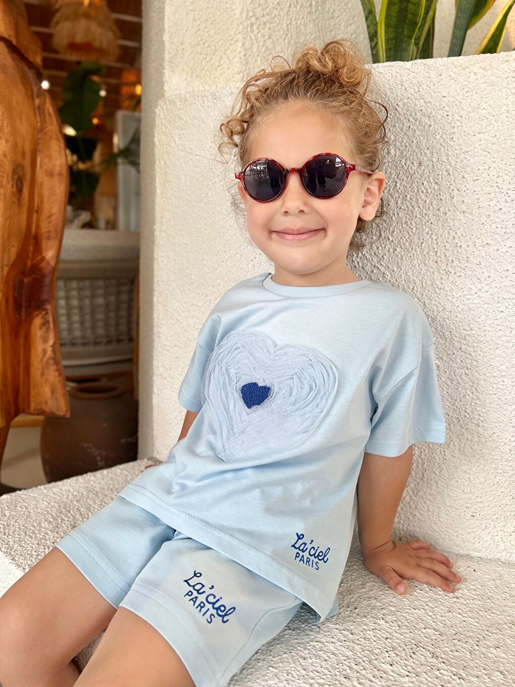 Kız Çocuk Pamuklu Açık Mavi Kalp Desenli Şortlu Takım - La'ciel Paris Yazılı-1