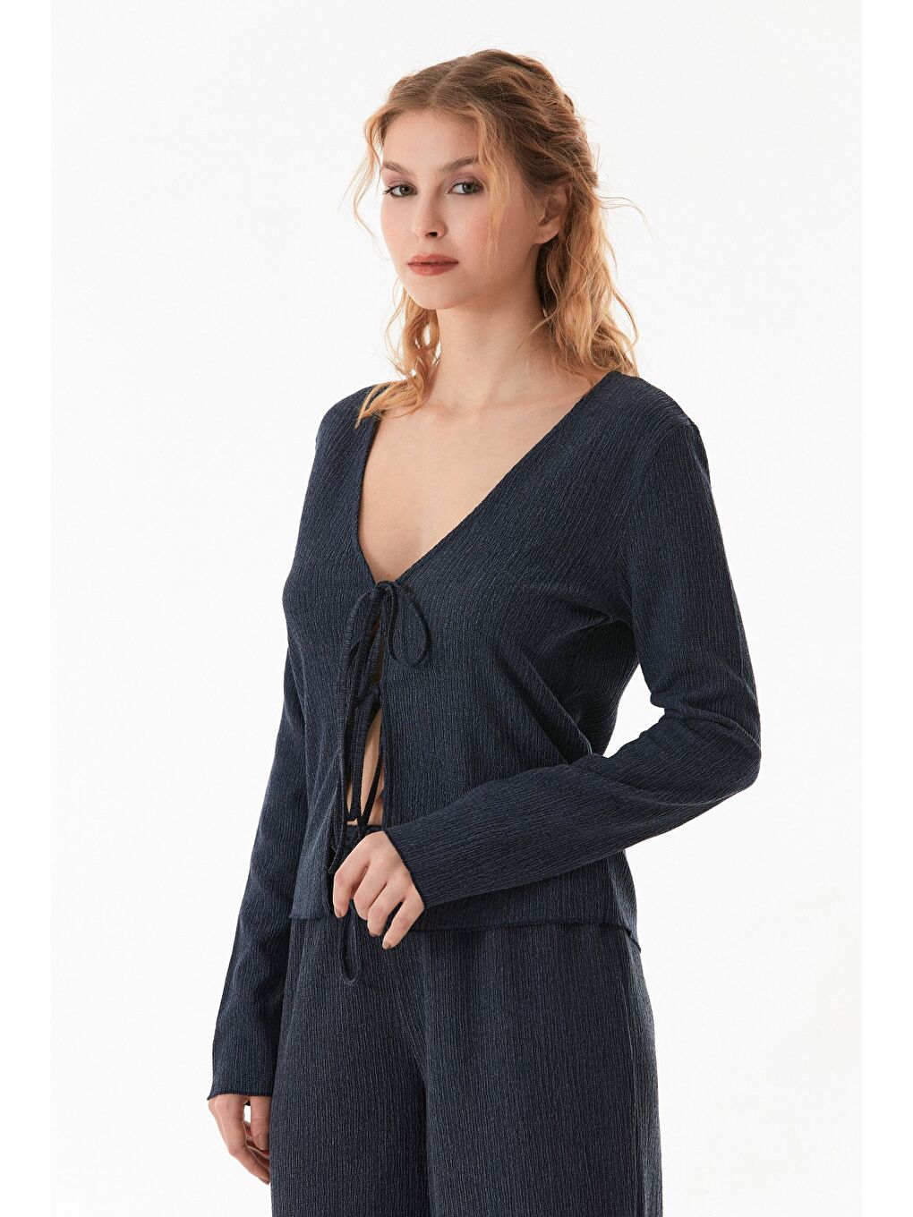 İndigo Bürümcük Kumaş Önü Bağlamalı Hırka-2