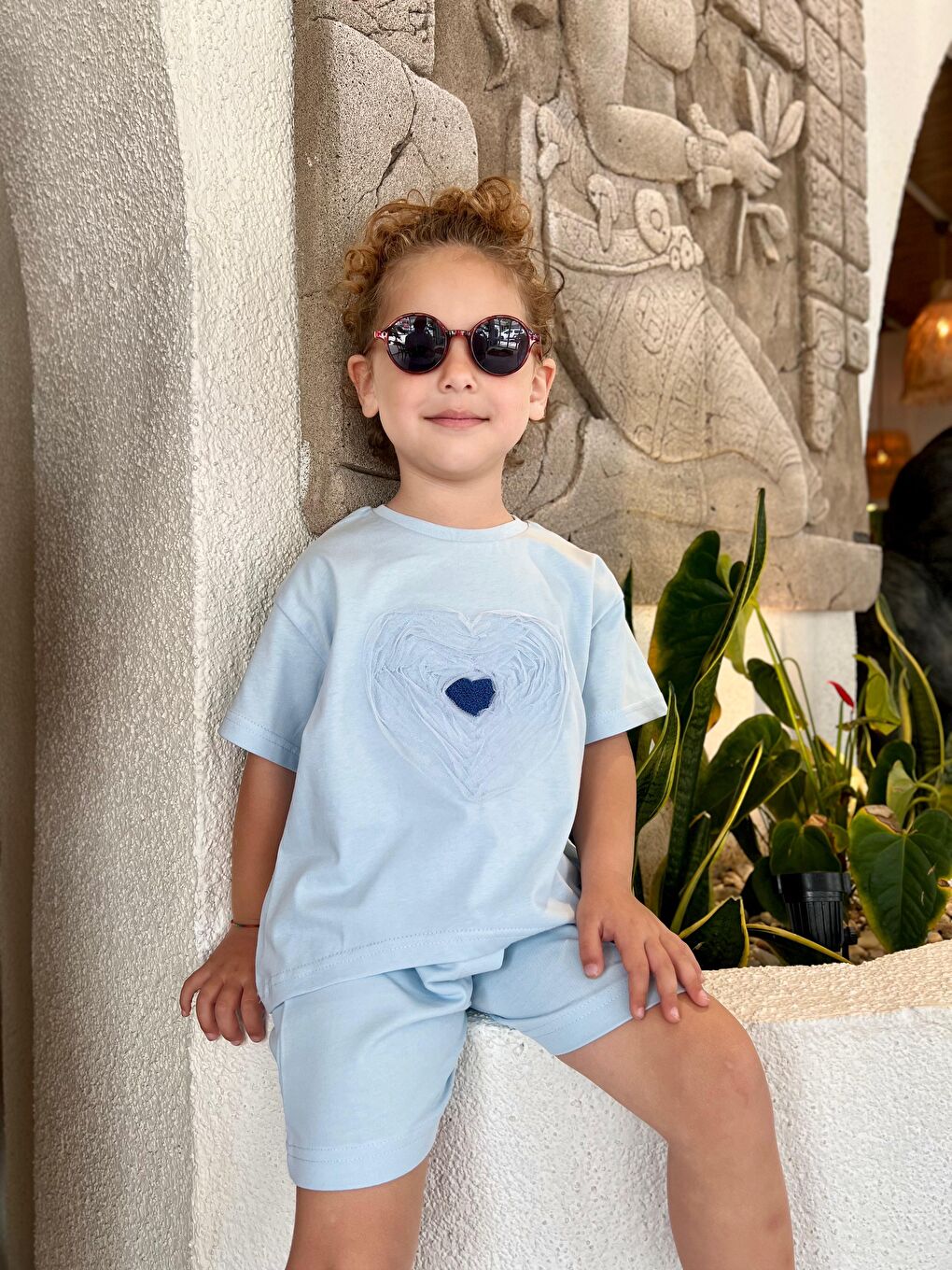 Kız Çocuk Pamuklu Açık Mavi Kalp Desenli Şortlu Takım - La'ciel Paris Yazılı-2