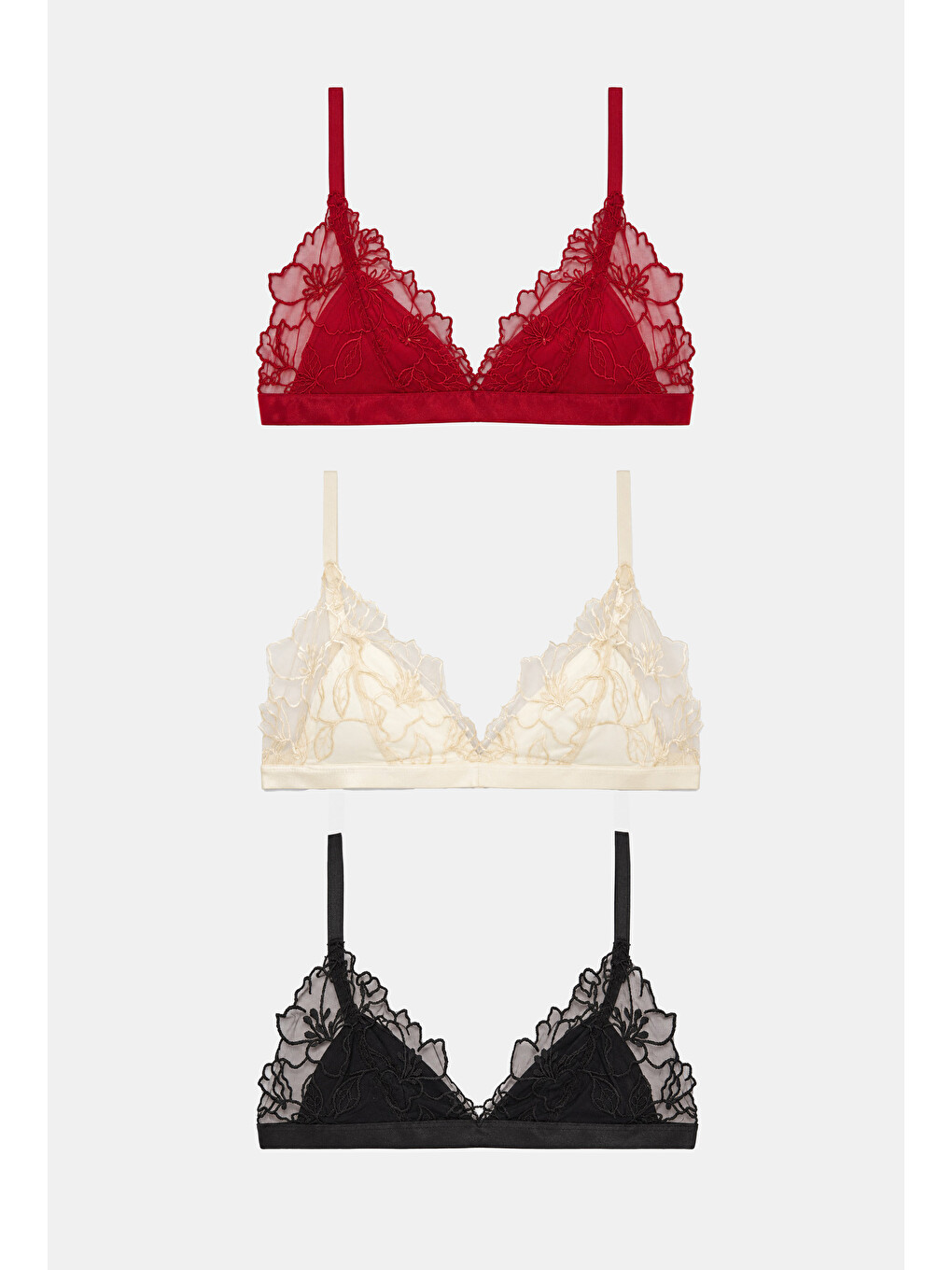 Kırmızı Kadın Kırmız Bej Siyah 3'lü Paket Dantelli Bralet Büstiyer