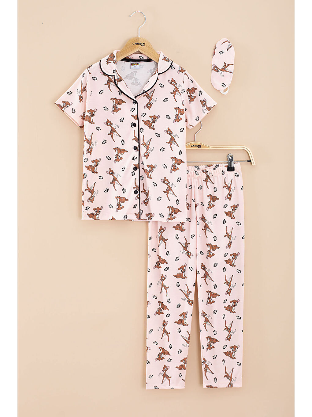 Pembe Geyik Desenli Kısa Kol Kız Çocuk Göz Bantlı Pijama Takımı 20568