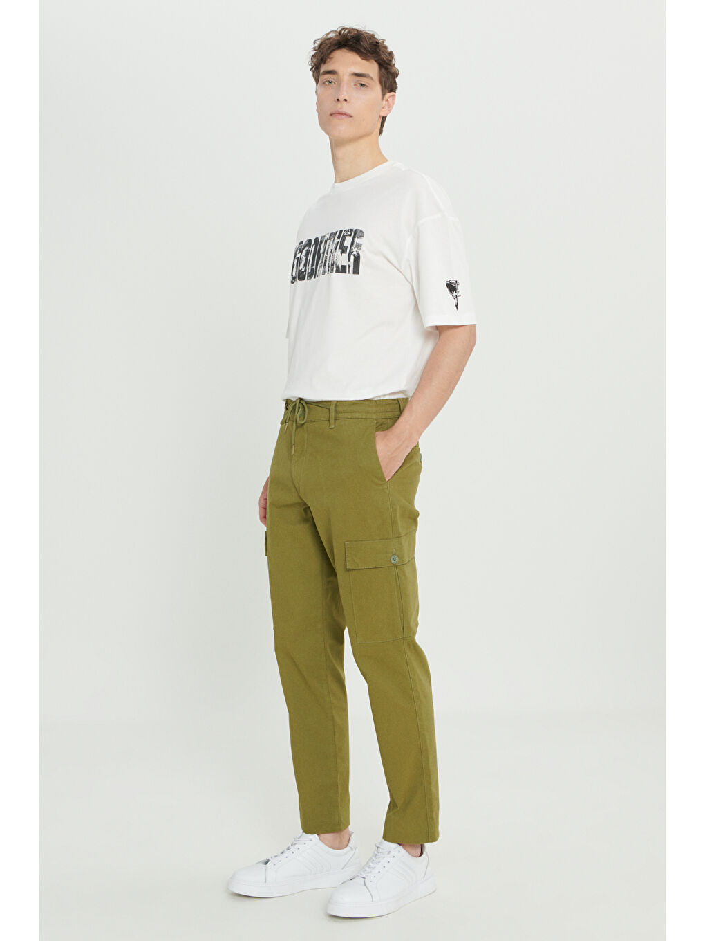 Erkek Haki Comfort Fit Rahat Kesim Pamuklu Esnek Yan Cepli Kargo Pantolon