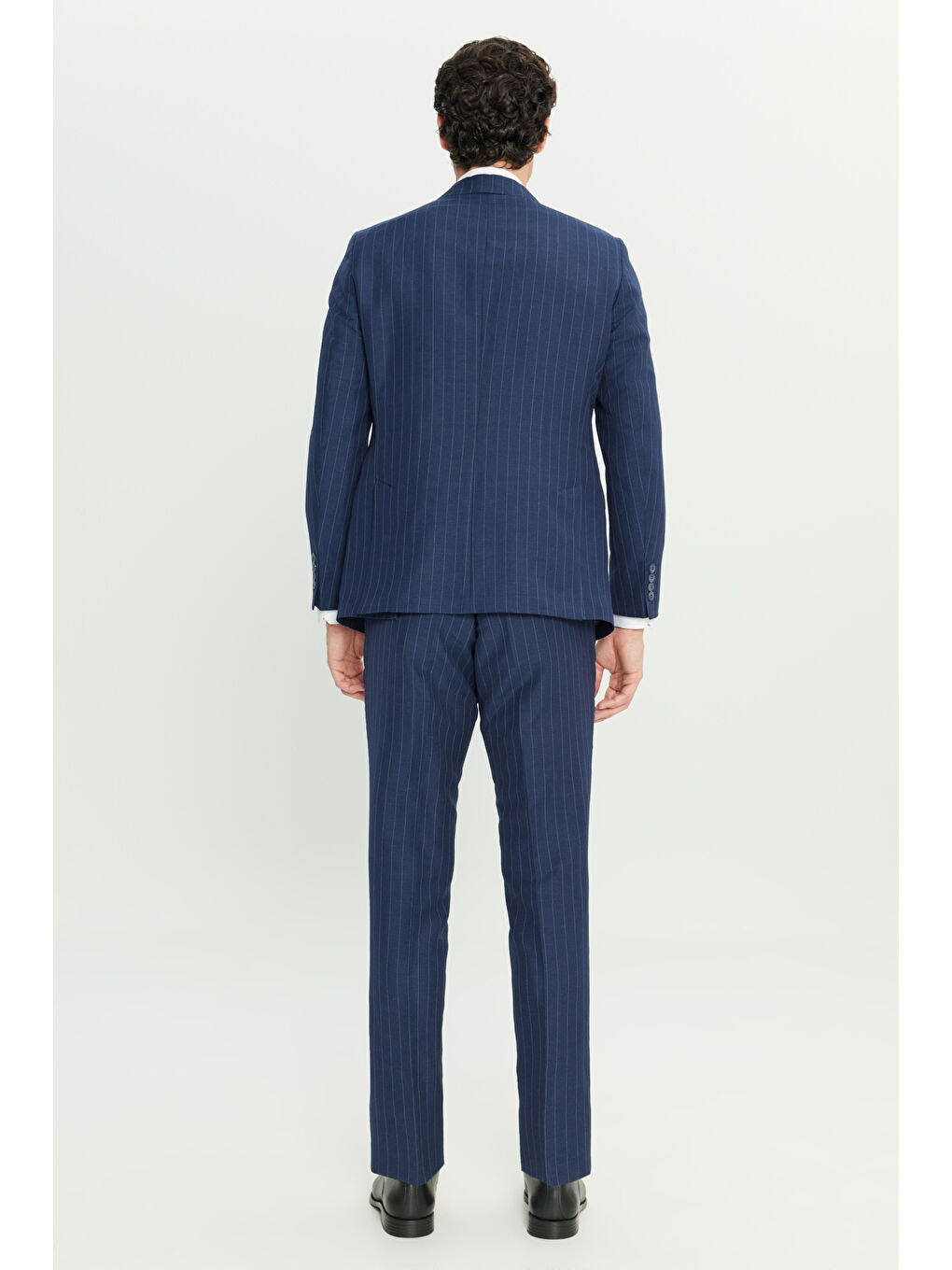 Erkek Lacivert Keten Slim Fit Dar Kesim Kırlangıç Yaka Çizgili Kapak Cepli Takım Elbise-7