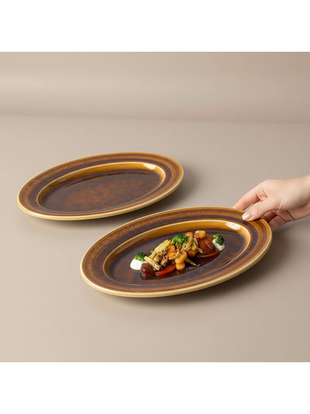 Ekru Valeron 2 Adet 24 Cm Kayık Tabak Reaktif Saura 137-3