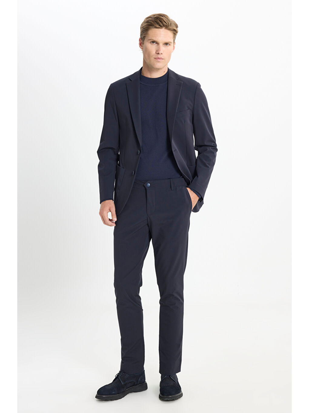 Erkek Lacivert Slim Fit Dar Kesim Mono Yaka Torba Cepli Esnek Takım Elbise-3