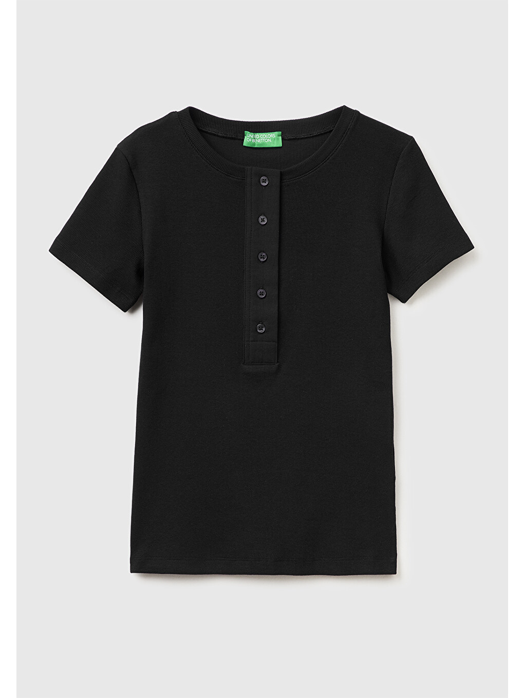 Kadın Siyah Pamuk Karışımlı Önü Düğme Detaylı Yuvarlak Yaka T-shirt