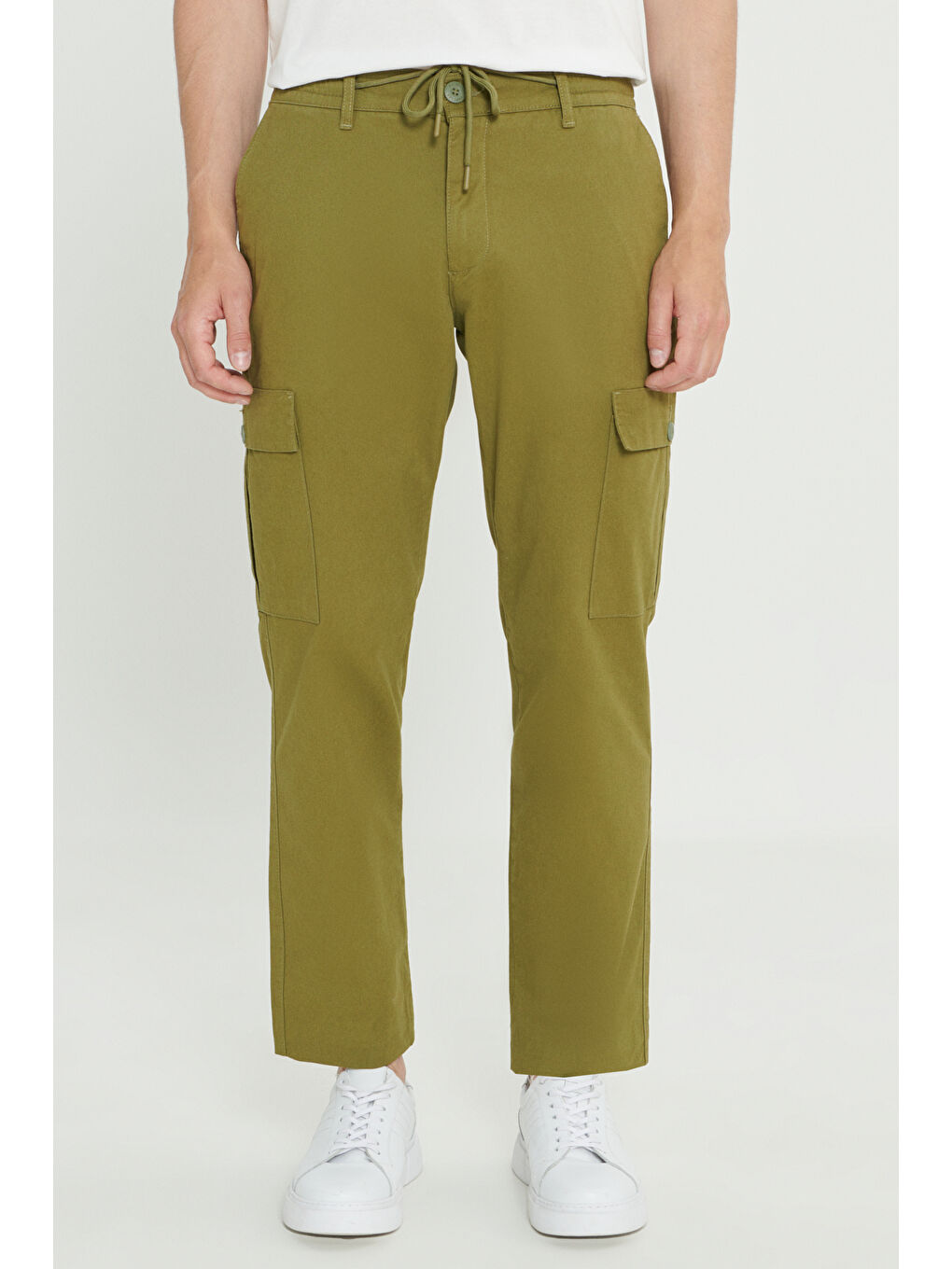 Erkek Haki Comfort Fit Rahat Kesim Pamuklu Esnek Yan Cepli Kargo Pantolon-1