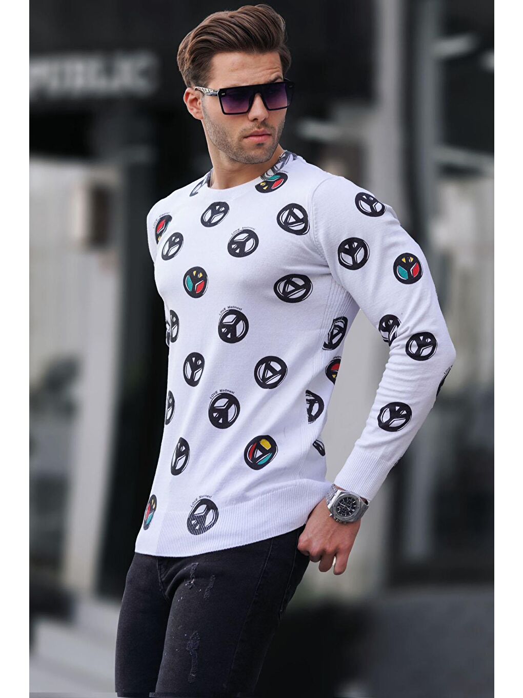 Beyaz Bisiklet Yaka Baskılı Sweatshirt 1707