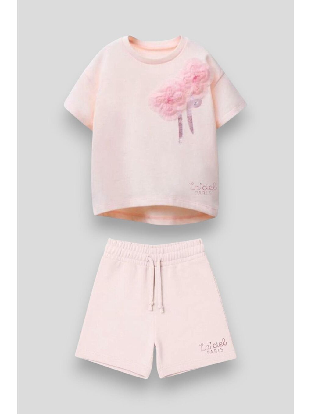 Pembe Kız Çocuk Pamuklu Pudra Çiçek Aplikeli Şortlu Takım - La'ciel Paris Yazılı