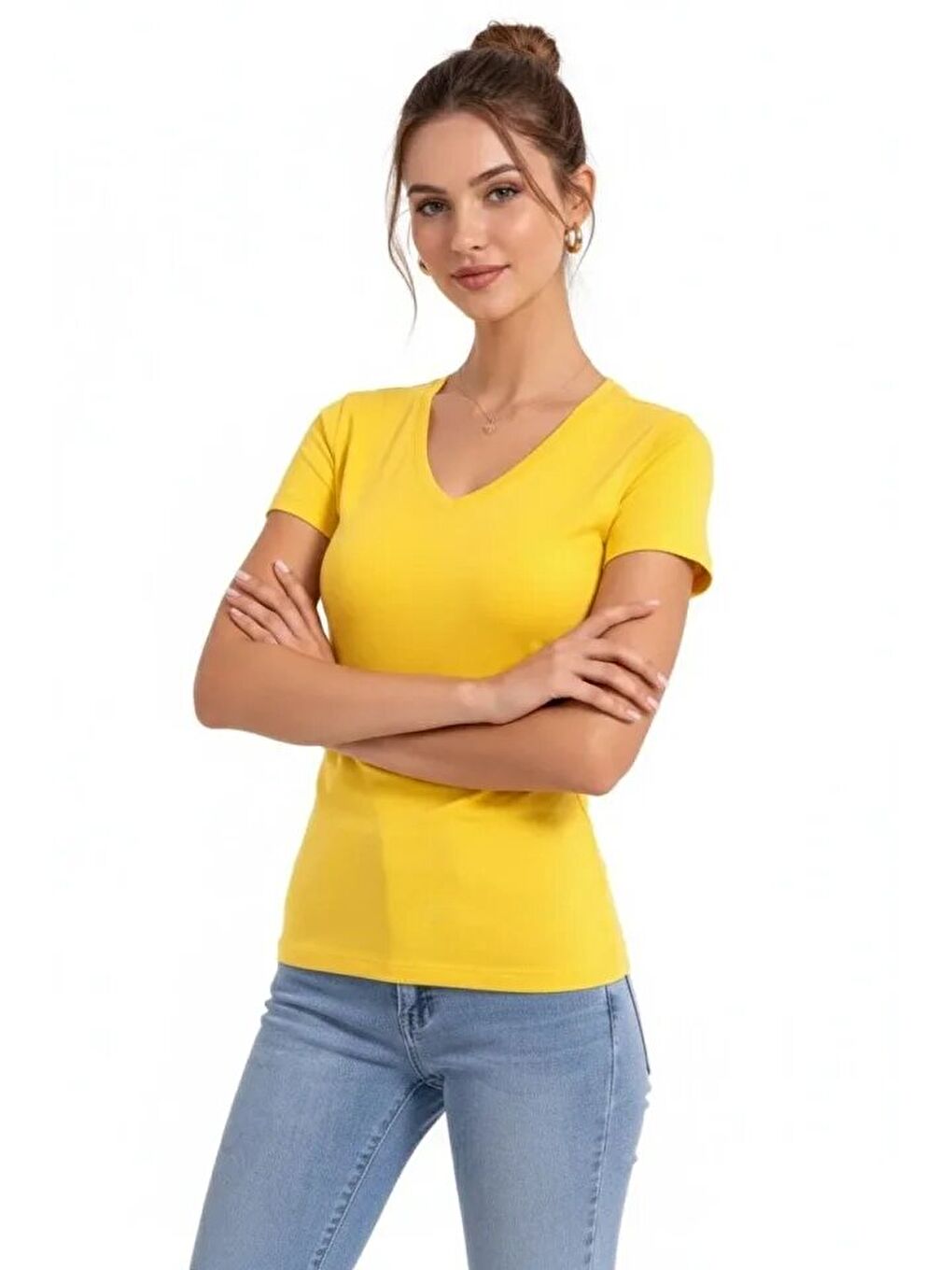 T-Shirt V Yaka Slim Fit Elastanlı Tişört Günlük Basic Body - Sarı-1