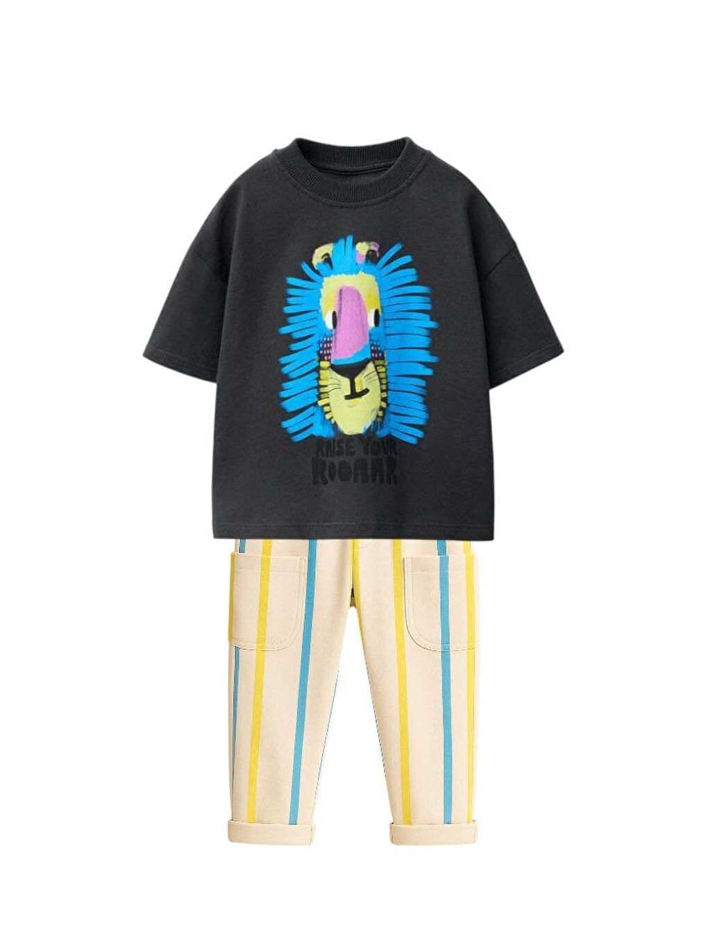 Erkek Çocuk Pamuklu Siyah Aslan Baskılı T-Shirt Ve Çizgili Pantolon Takım-1
