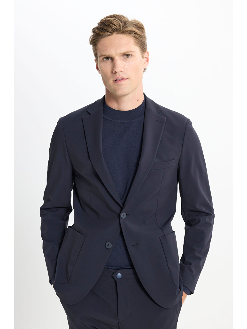 Erkek Lacivert Slim Fit Dar Kesim Mono Yaka Torba Cepli Esnek Takım Elbise-4