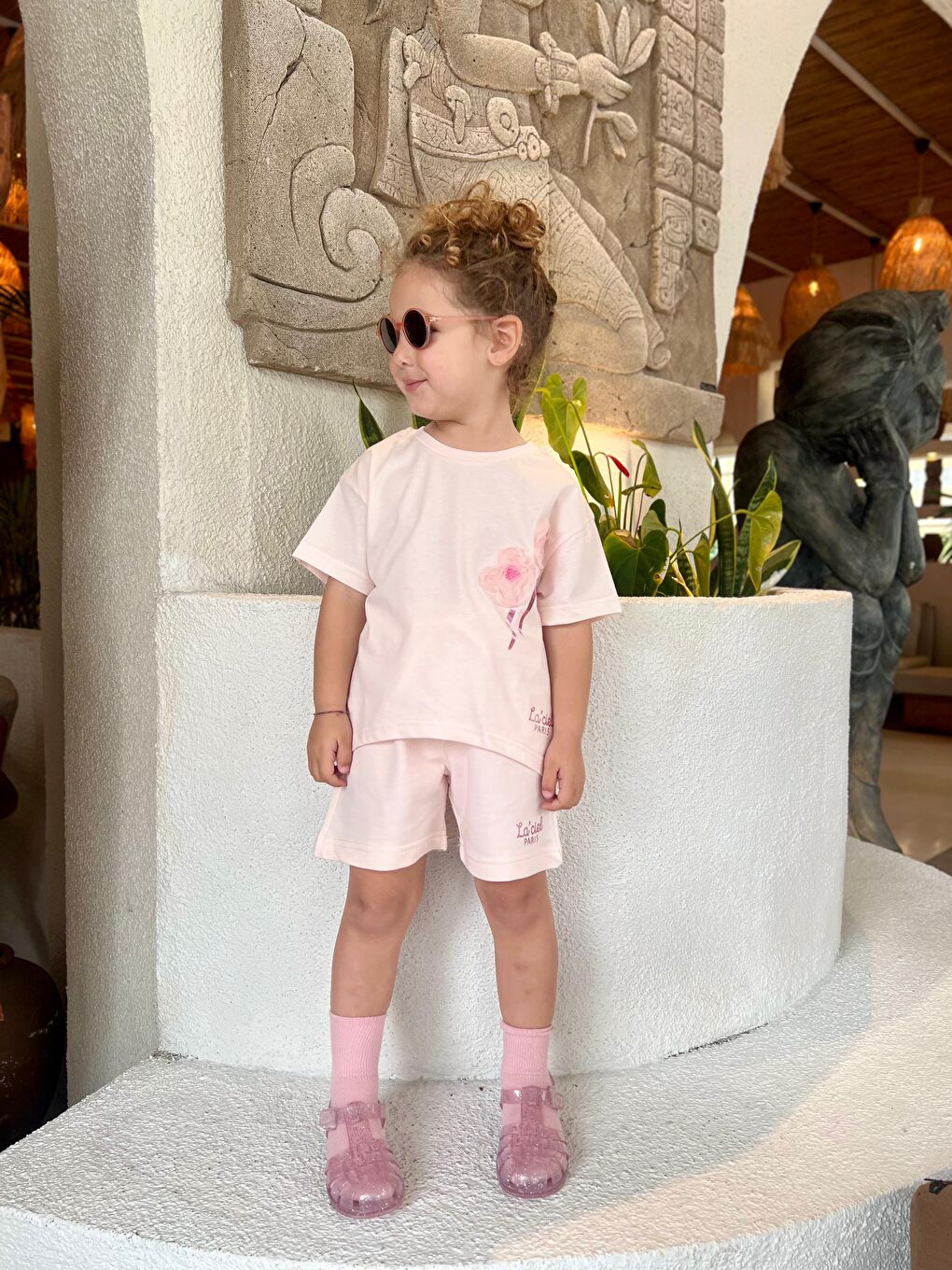 Pembe Kız Çocuk Pamuklu Pudra Çiçek Aplikeli Şortlu Takım - La'ciel Paris Yazılı-2