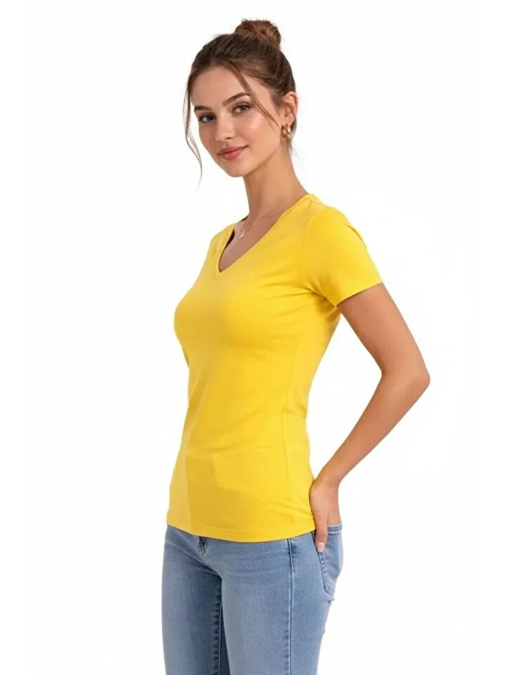 T-Shirt V Yaka Slim Fit Elastanlı Tişört Günlük Basic Body - Sarı-2