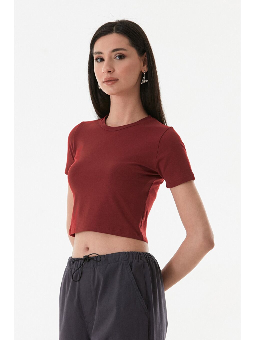 Fullamoda Bordo Basic Bisiklet Yaka Crop Tişört