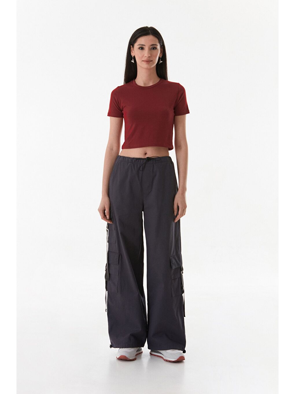Fullamoda Bordo Basic Bisiklet Yaka Crop Tişört - 1