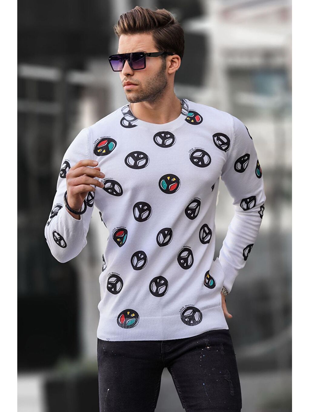 Beyaz Bisiklet Yaka Baskılı Sweatshirt 1707-1