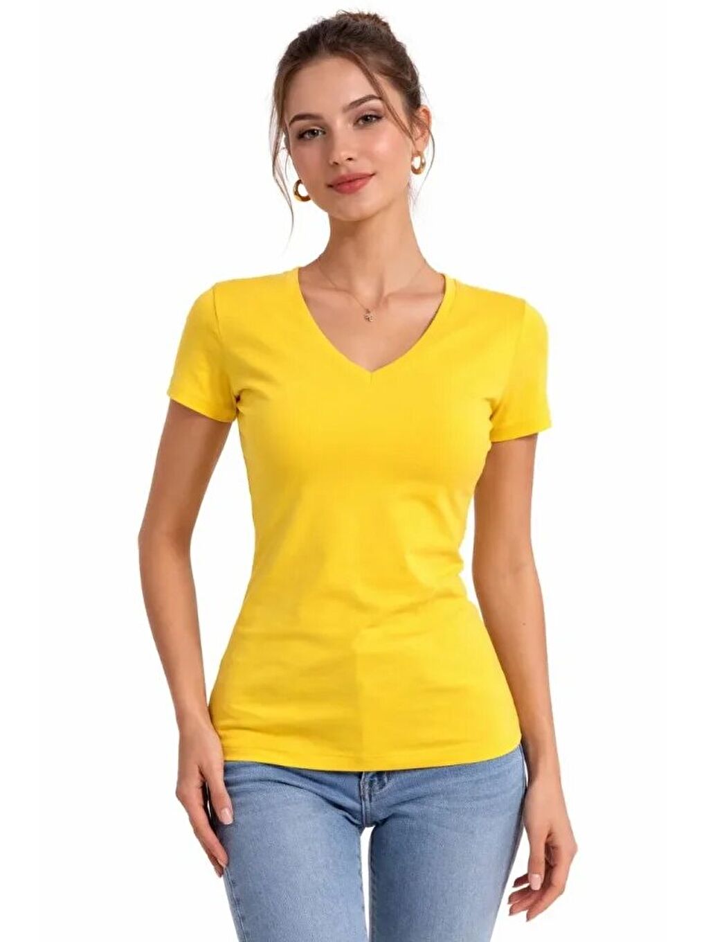 T-Shirt V Yaka Slim Fit Elastanlı Tişört Günlük Basic Body - Sarı-3
