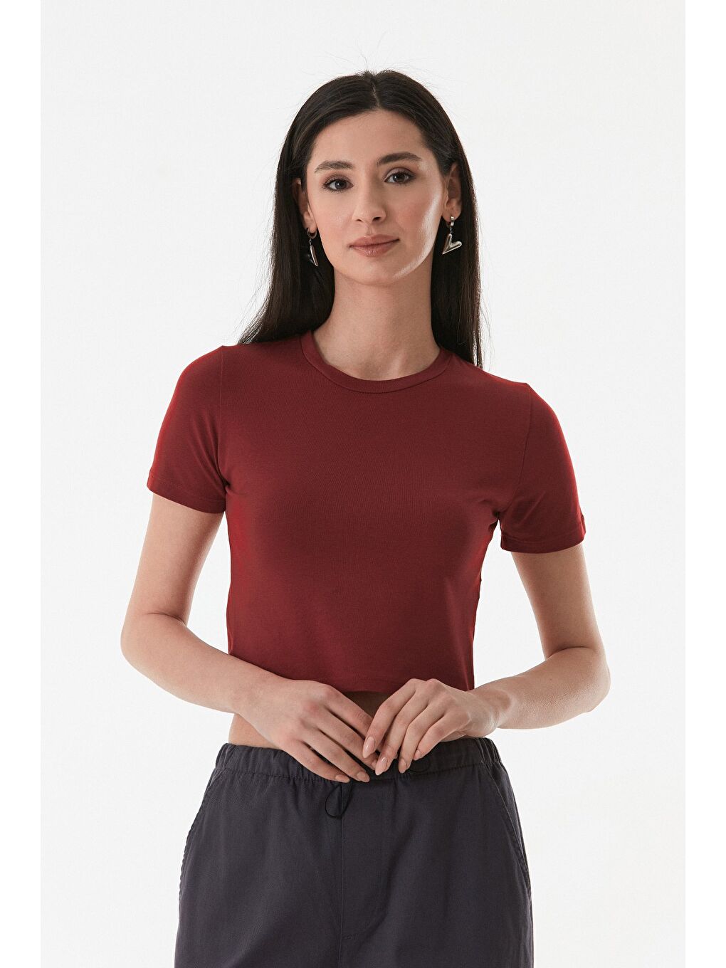 Fullamoda Bordo Basic Bisiklet Yaka Crop Tişört - 2