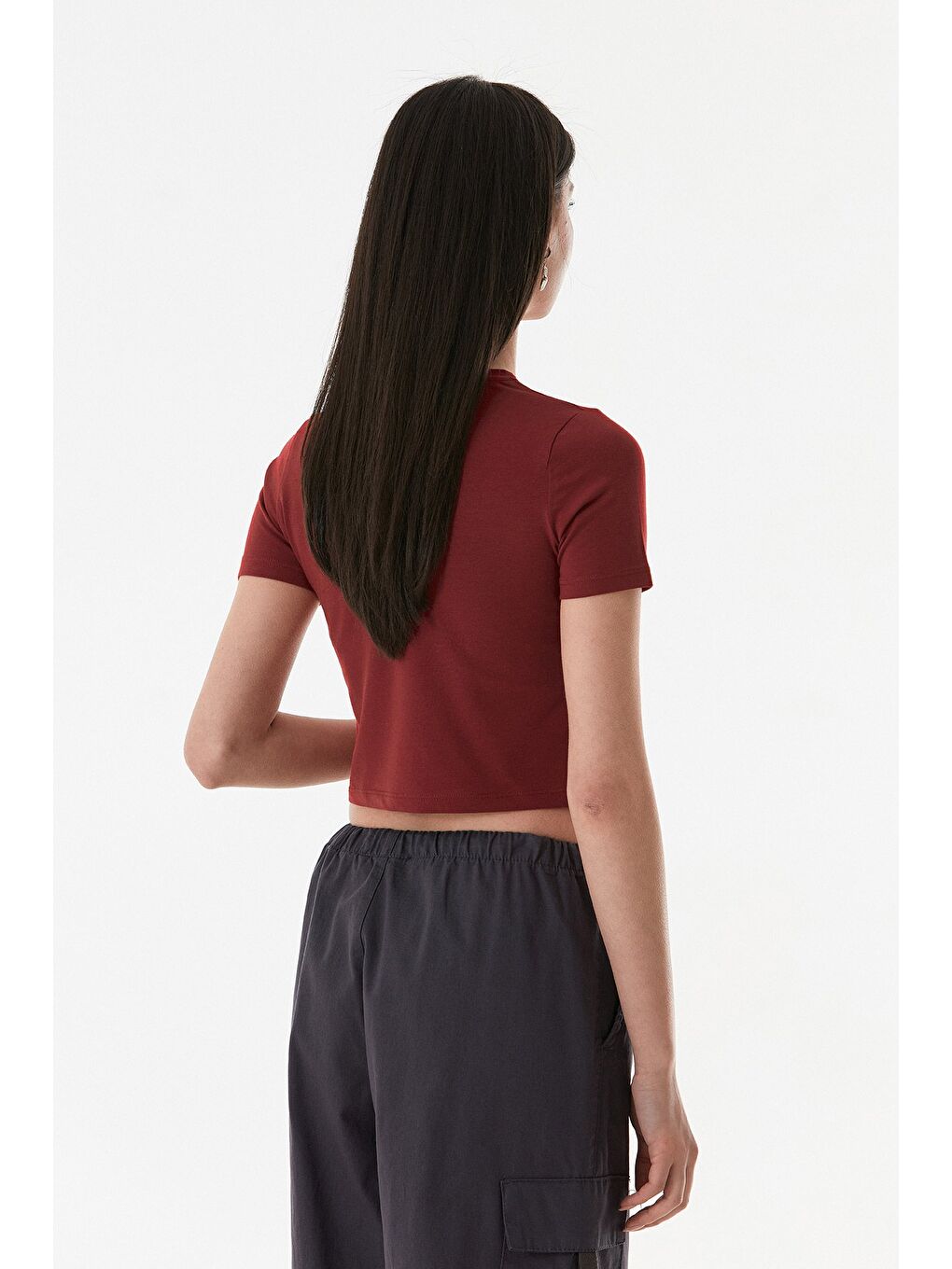 Fullamoda Bordo Basic Bisiklet Yaka Crop Tişört - 3
