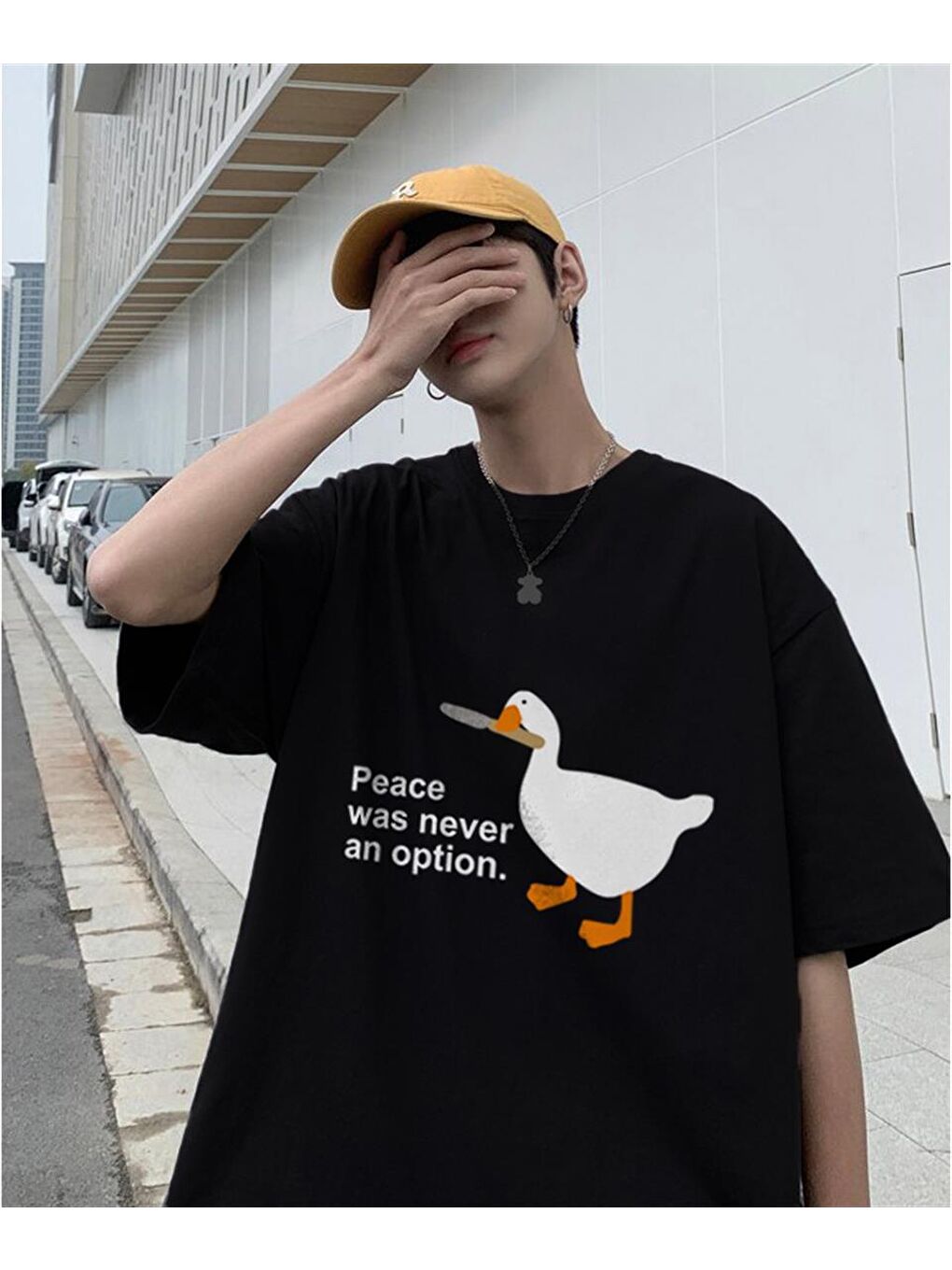 Touz Moda Siyah Duck 'Peace Was Never An Option' Baskılı Siyah Unisex Oversize T-shirt