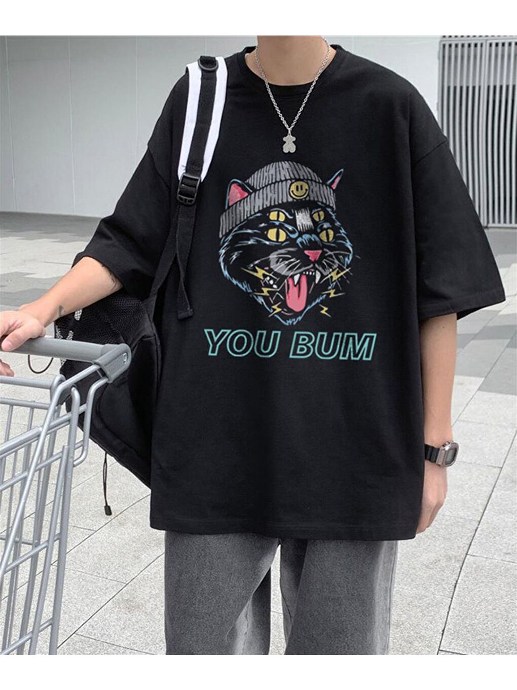 Touz Moda Siyah You Bum Cat Baskılı Siyah Unisex Oversize T-shirt