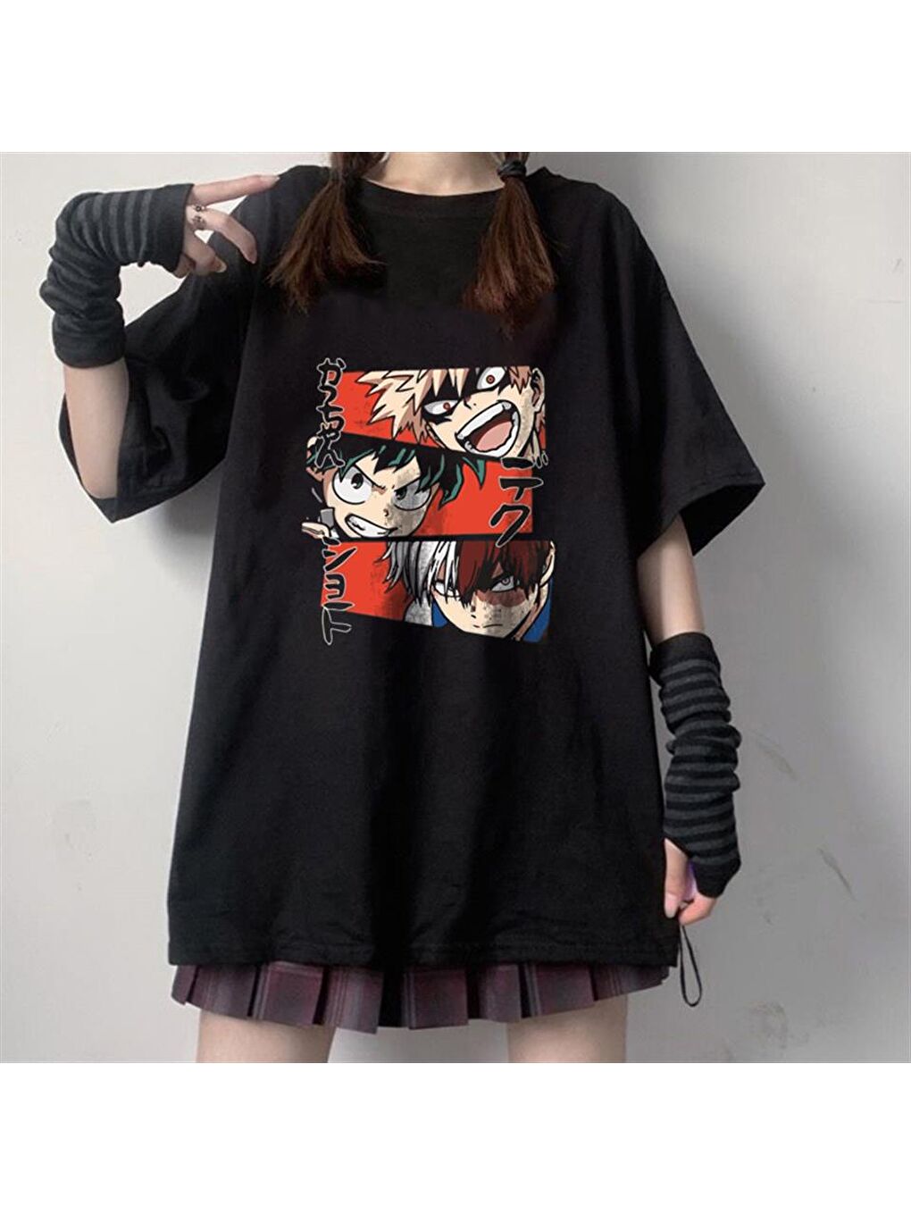 Touz Moda Siyah My Hero Academia Collage Baskılı Siyah Unisex Oversize T-shirt