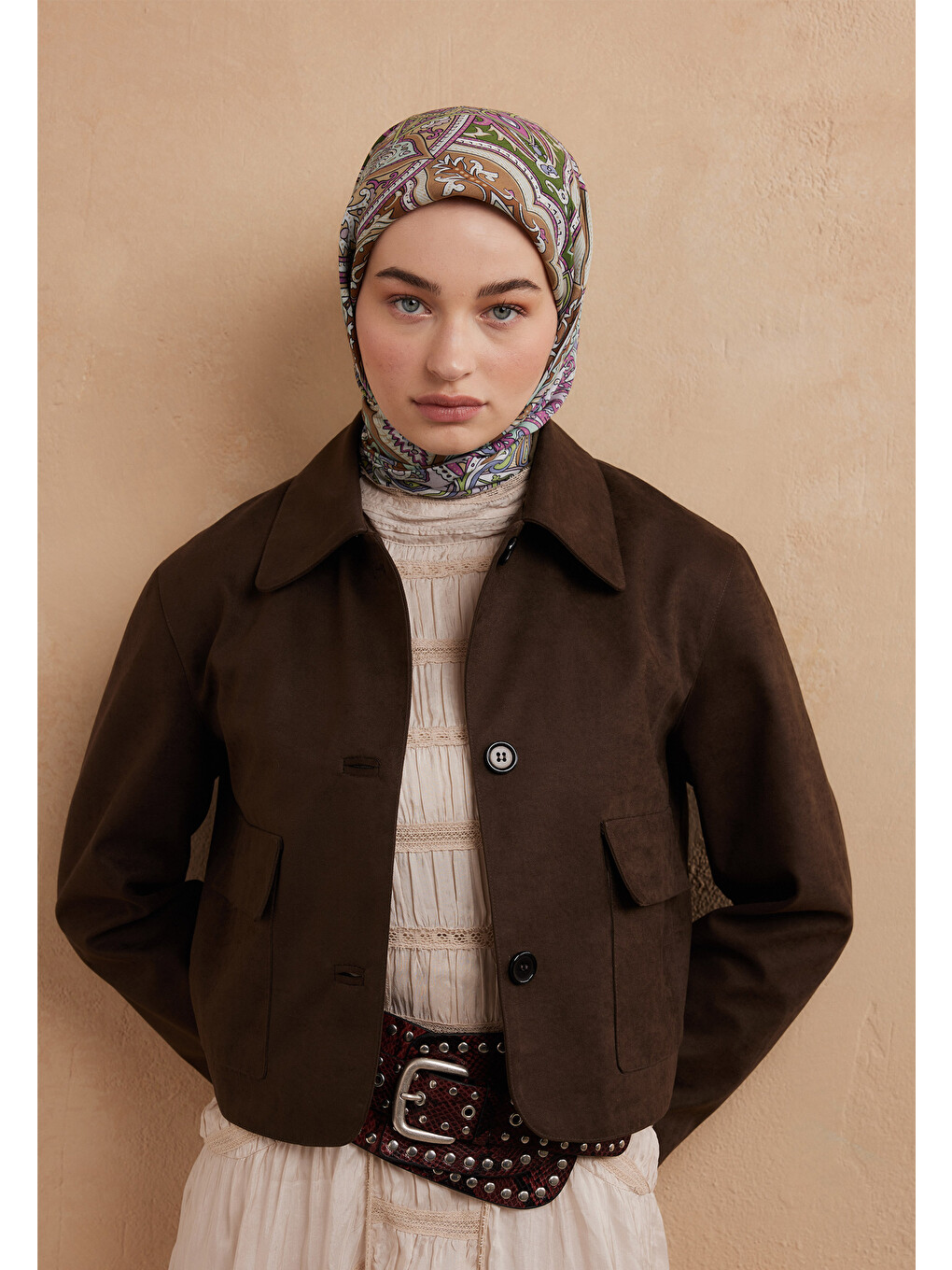 Pembe Ethnic Floral Desen Pamuk İpek Eşarp Orkide-1