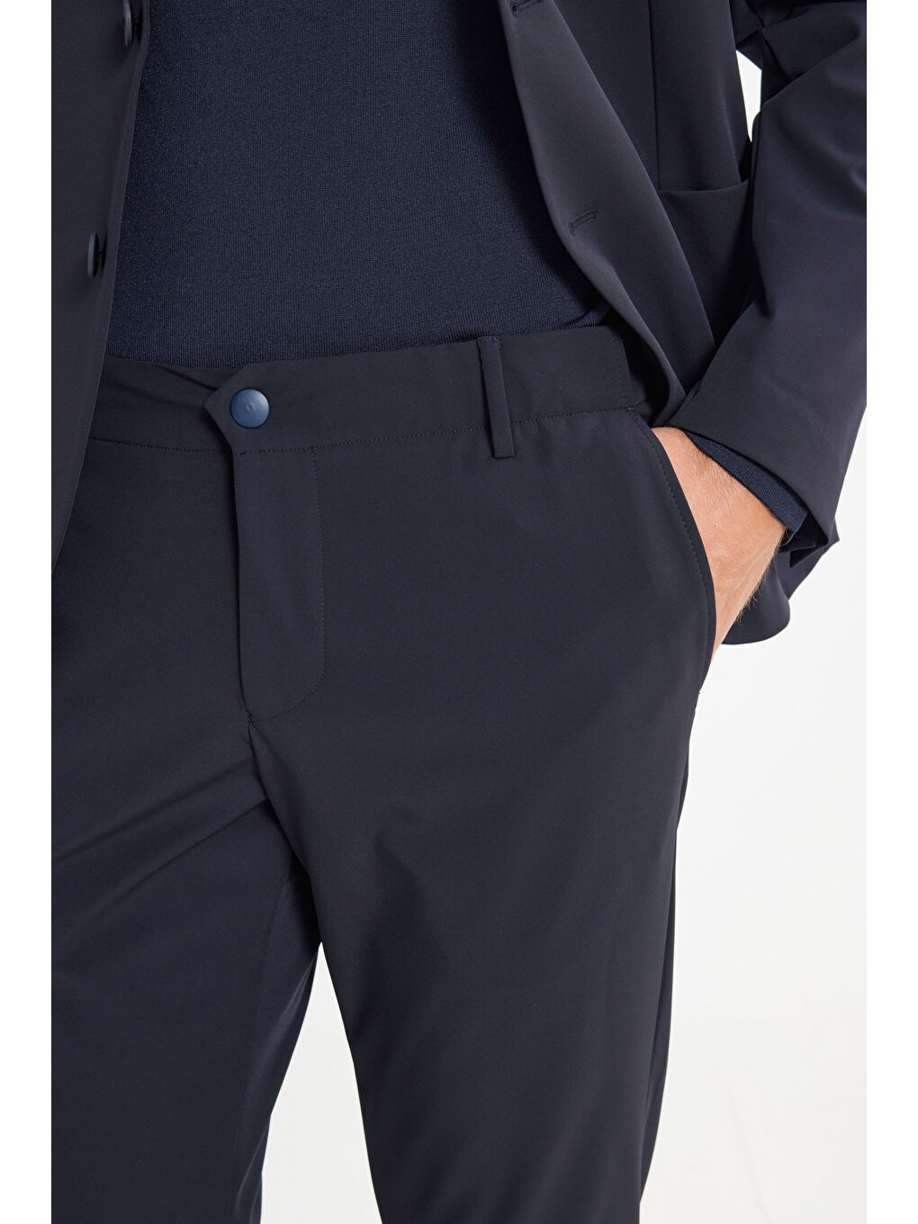 Erkek Lacivert Slim Fit Dar Kesim Mono Yaka Torba Cepli Esnek Takım Elbise-6