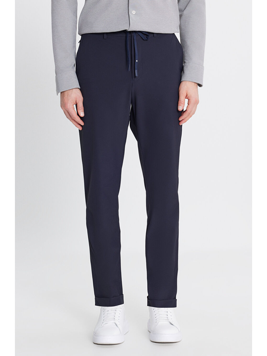 Erkek Lacivert 360 Her Yöne Esneyen Slim Fit Dar Kesim Beli Bağlamalı Yan Cep Casual Pantolon