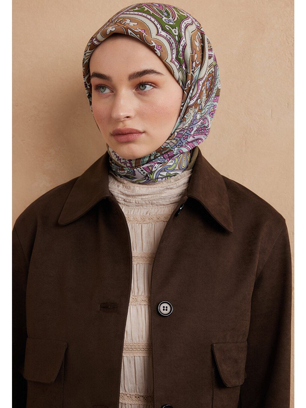 Pembe Ethnic Floral Desen Pamuk İpek Eşarp Orkide-2