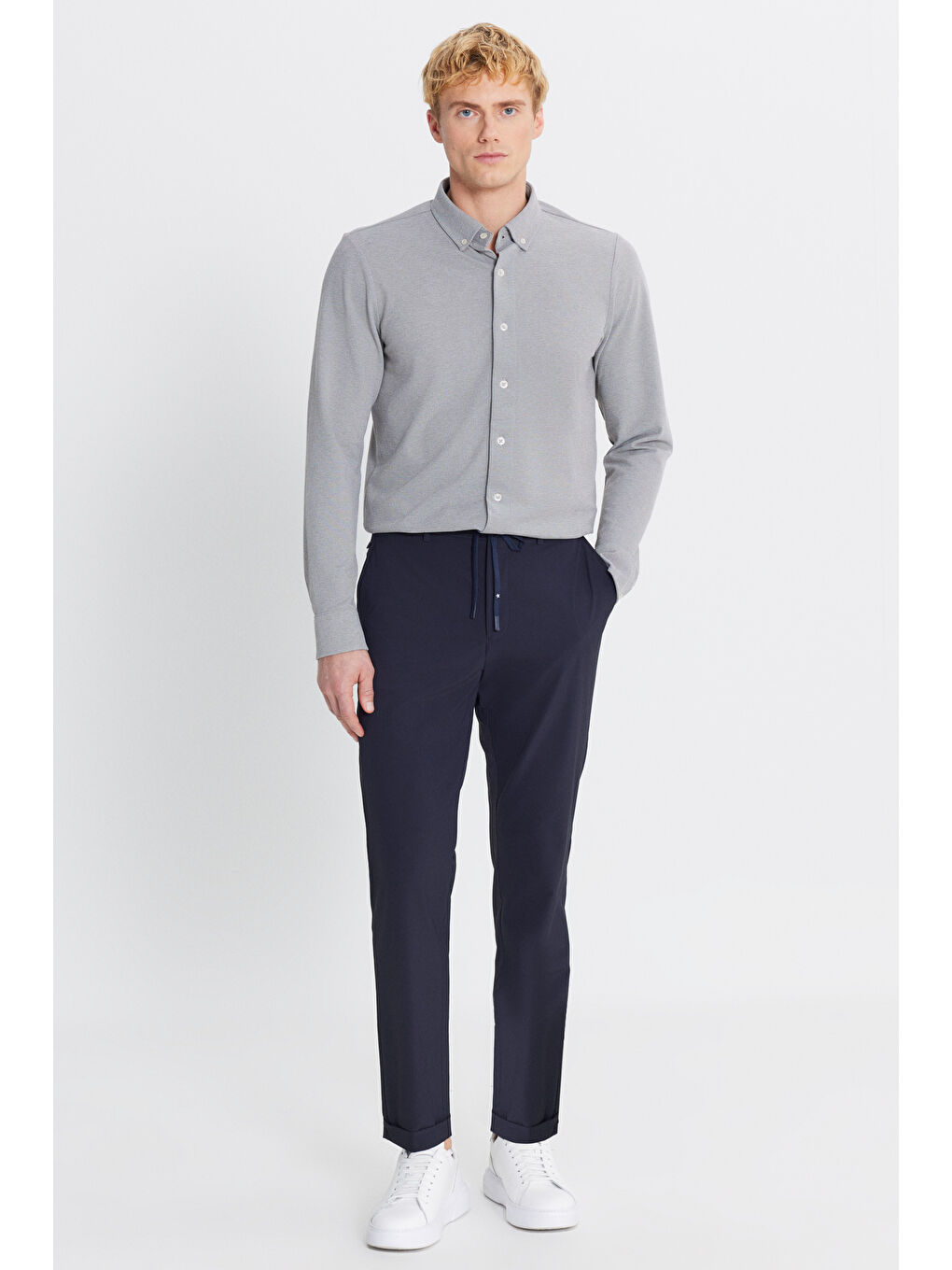 Erkek Lacivert 360 Her Yöne Esneyen Slim Fit Dar Kesim Beli Bağlamalı Yan Cep Casual Pantolon-1