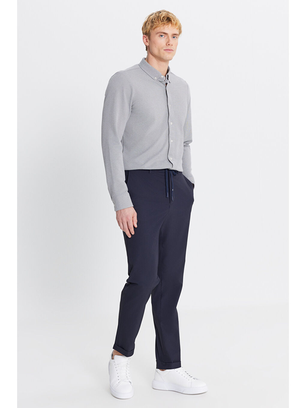 Erkek Lacivert 360 Her Yöne Esneyen Slim Fit Dar Kesim Beli Bağlamalı Yan Cep Casual Pantolon-2