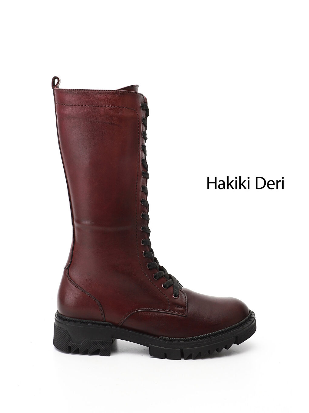 Bordo Kadın KOYU BORDO Fermuarlı Kalın Topuklu Hakiki Deri Postal Çizme