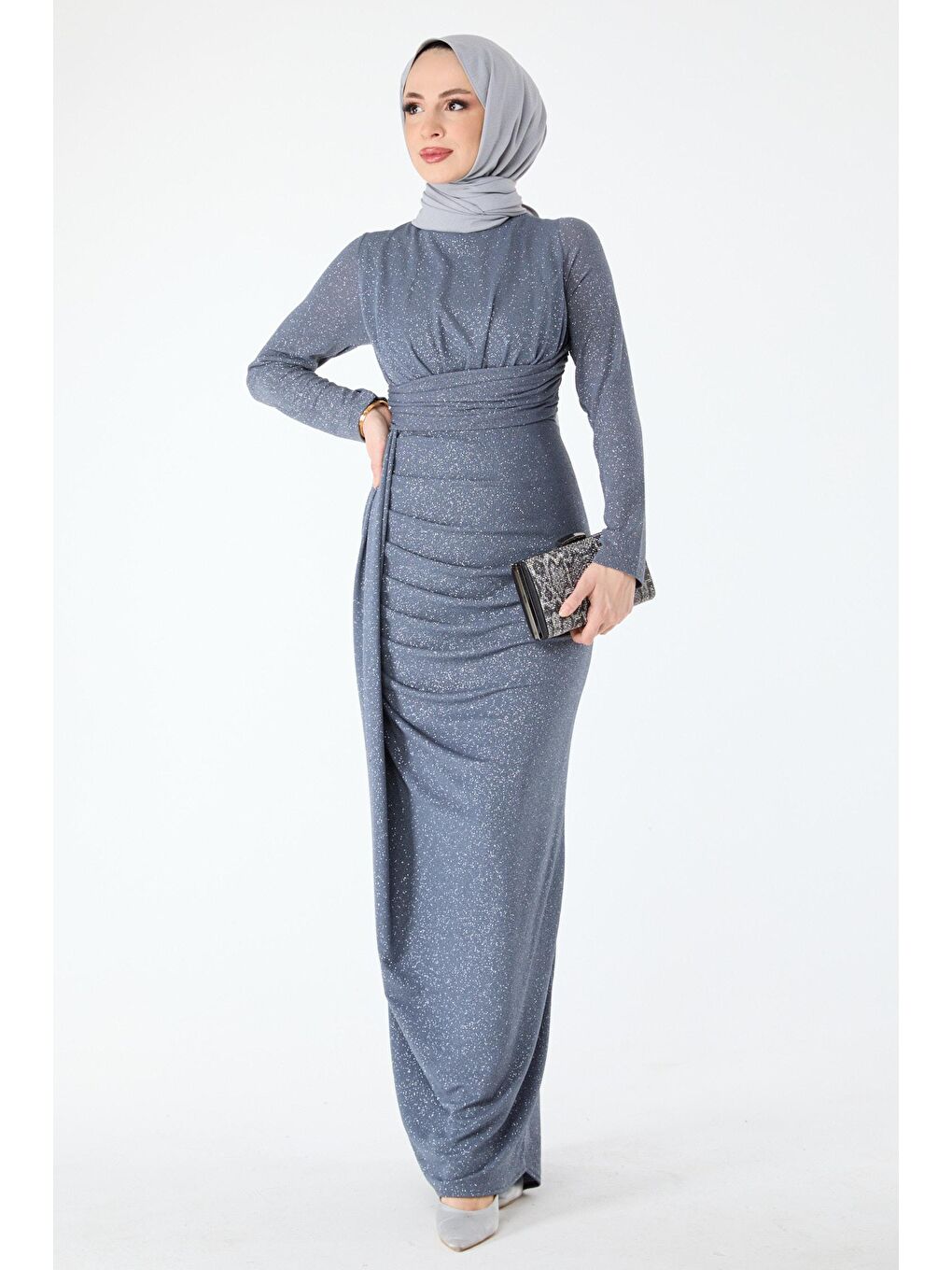 Hakim Yaka Kadın Antrasit Abiye Elbise - 24397-1