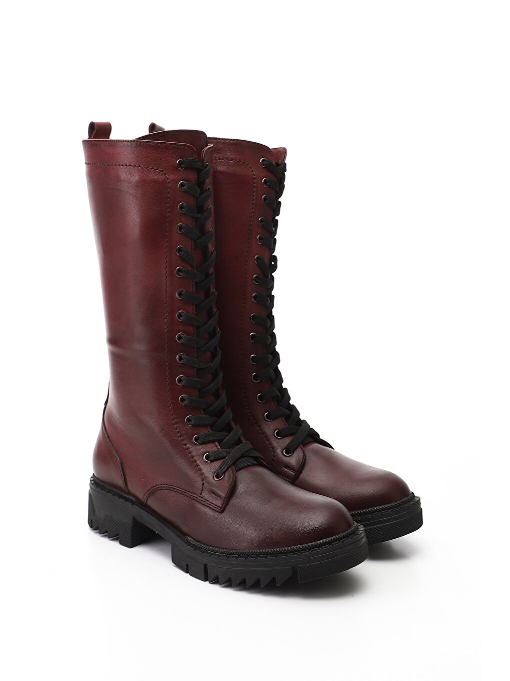 Bordo Kadın KOYU BORDO Fermuarlı Kalın Topuklu Hakiki Deri Postal Çizme-1