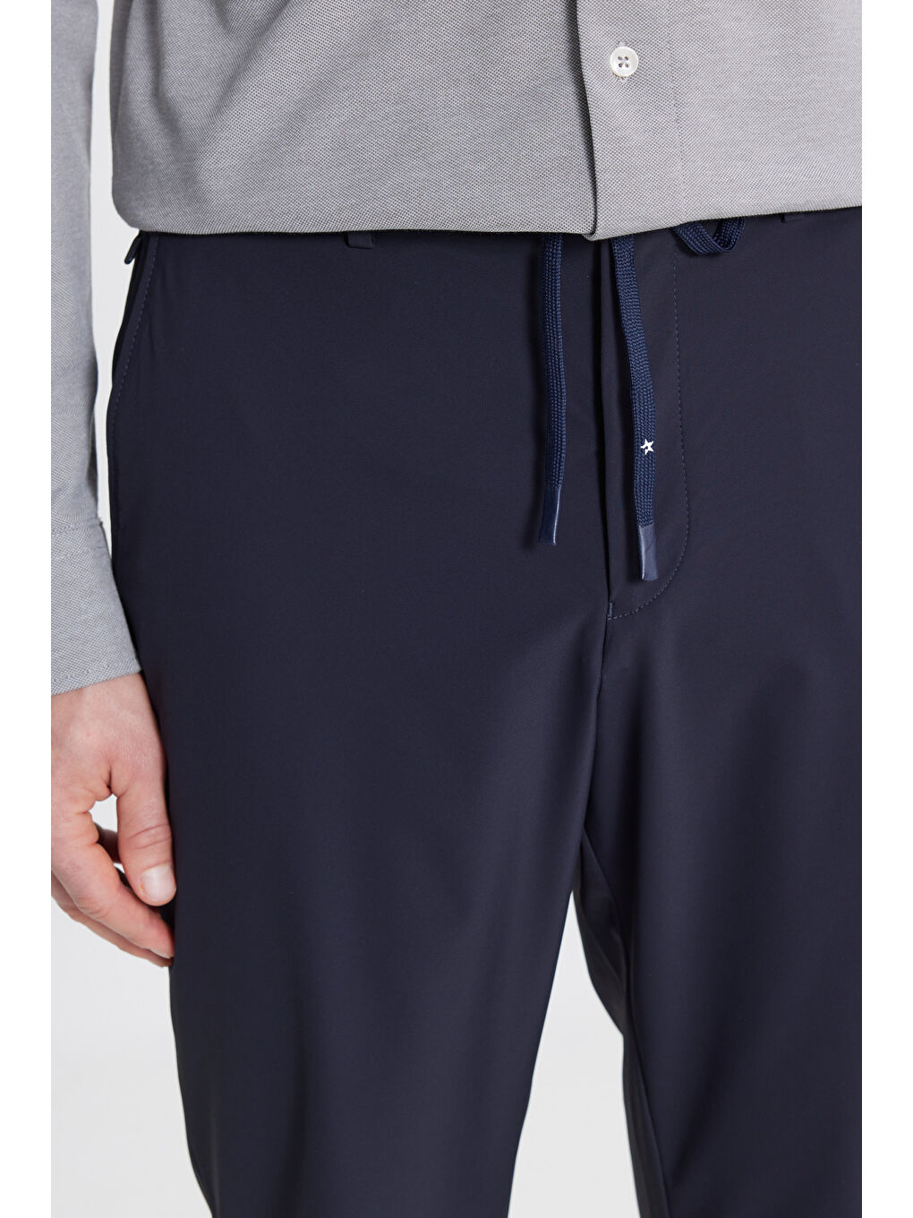 Erkek Lacivert 360 Her Yöne Esneyen Slim Fit Dar Kesim Beli Bağlamalı Yan Cep Casual Pantolon-3