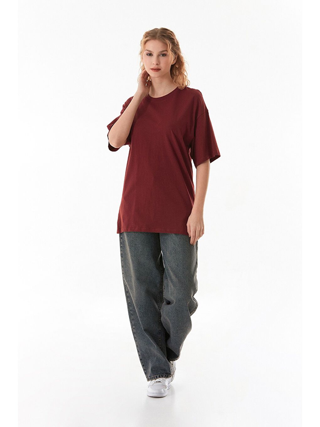 Fullamoda Bordo Basic Oversize Bisiklet Yaka Tişört