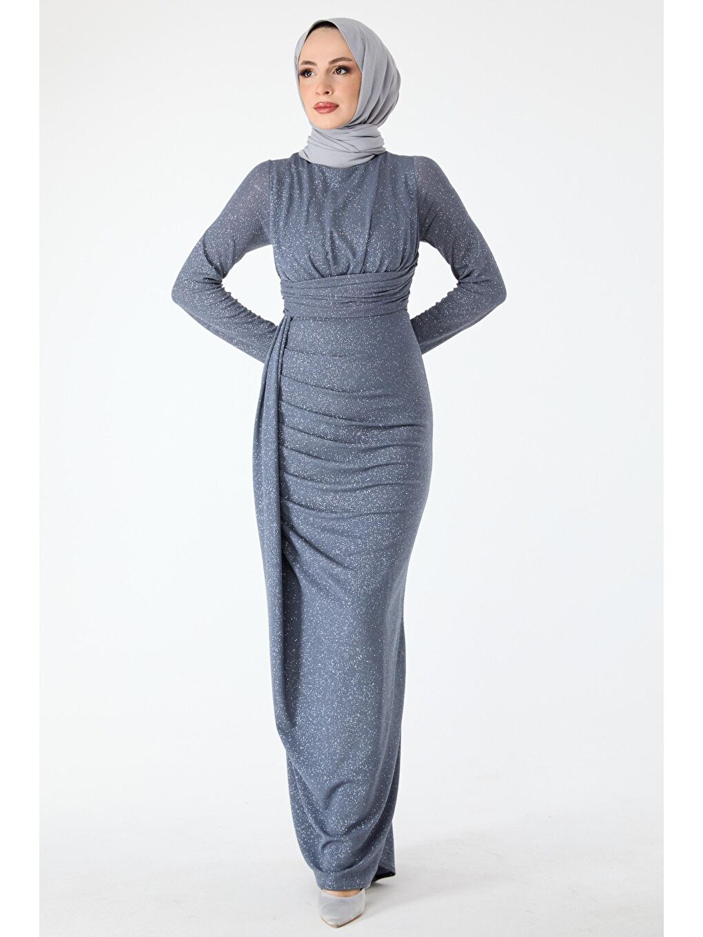 Hakim Yaka Kadın Antrasit Abiye Elbise - 24397-2