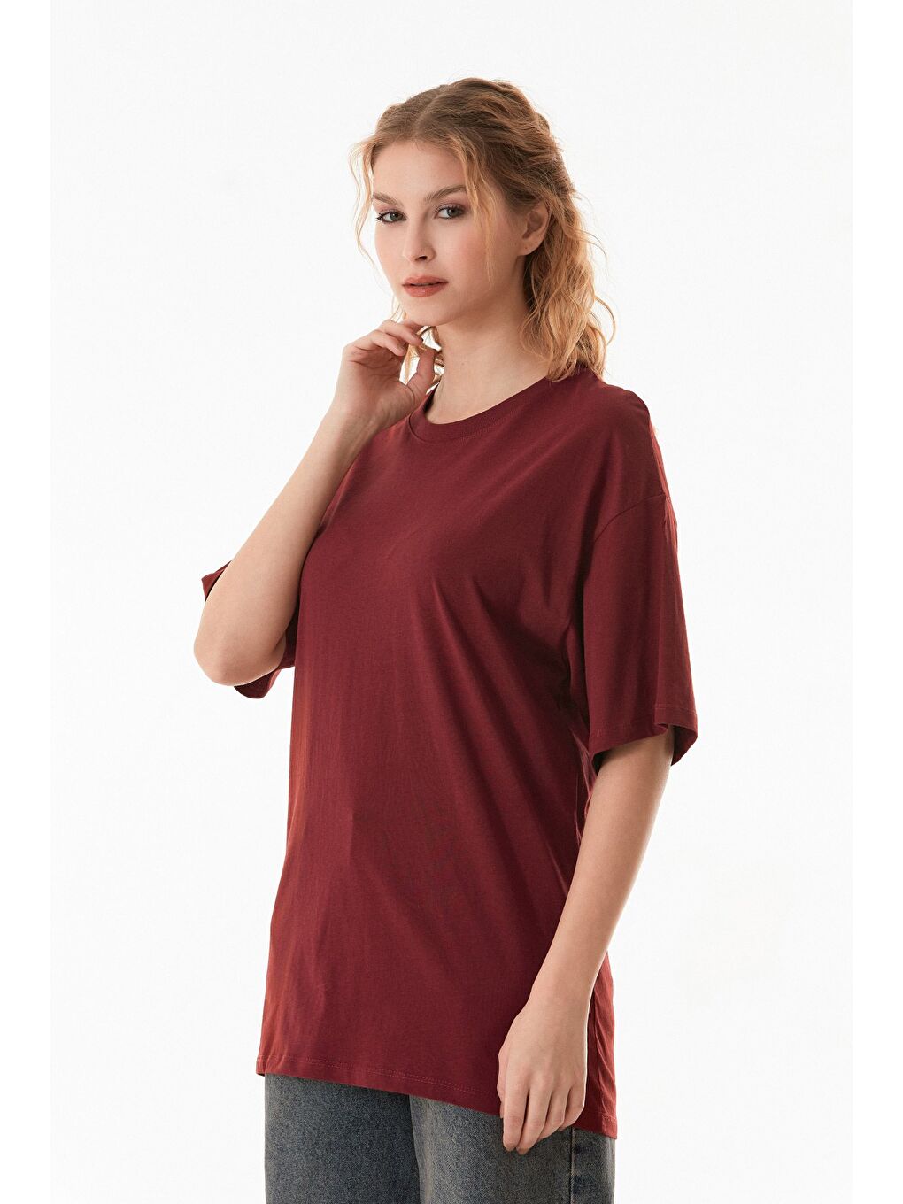 Fullamoda Bordo Basic Oversize Bisiklet Yaka Tişört - 1