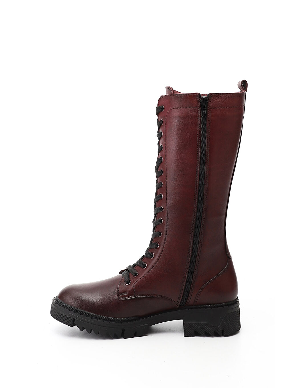 Bordo Kadın KOYU BORDO Fermuarlı Kalın Topuklu Hakiki Deri Postal Çizme-2