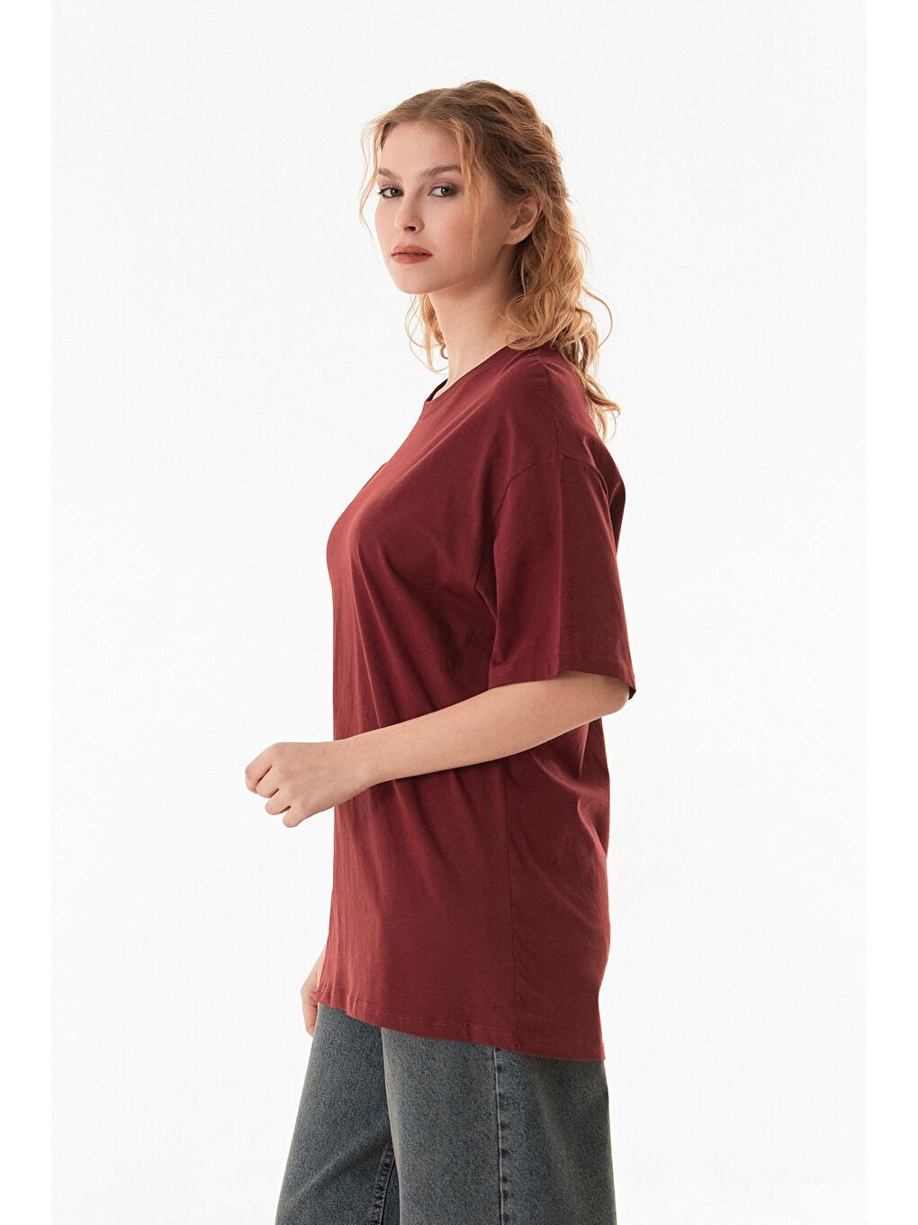 Fullamoda Bordo Basic Oversize Bisiklet Yaka Tişört - 2