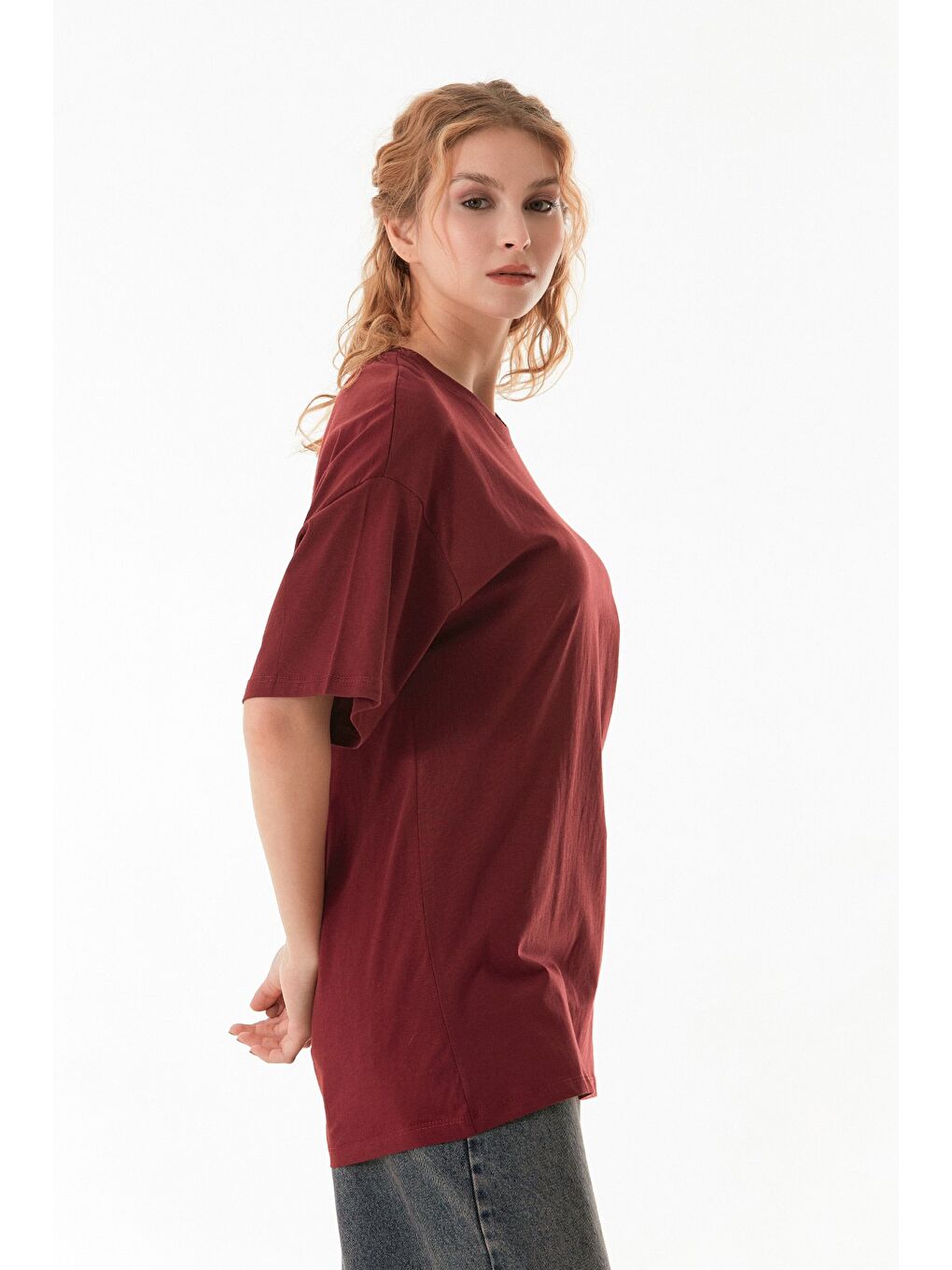 Fullamoda Bordo Basic Oversize Bisiklet Yaka Tişört - 4