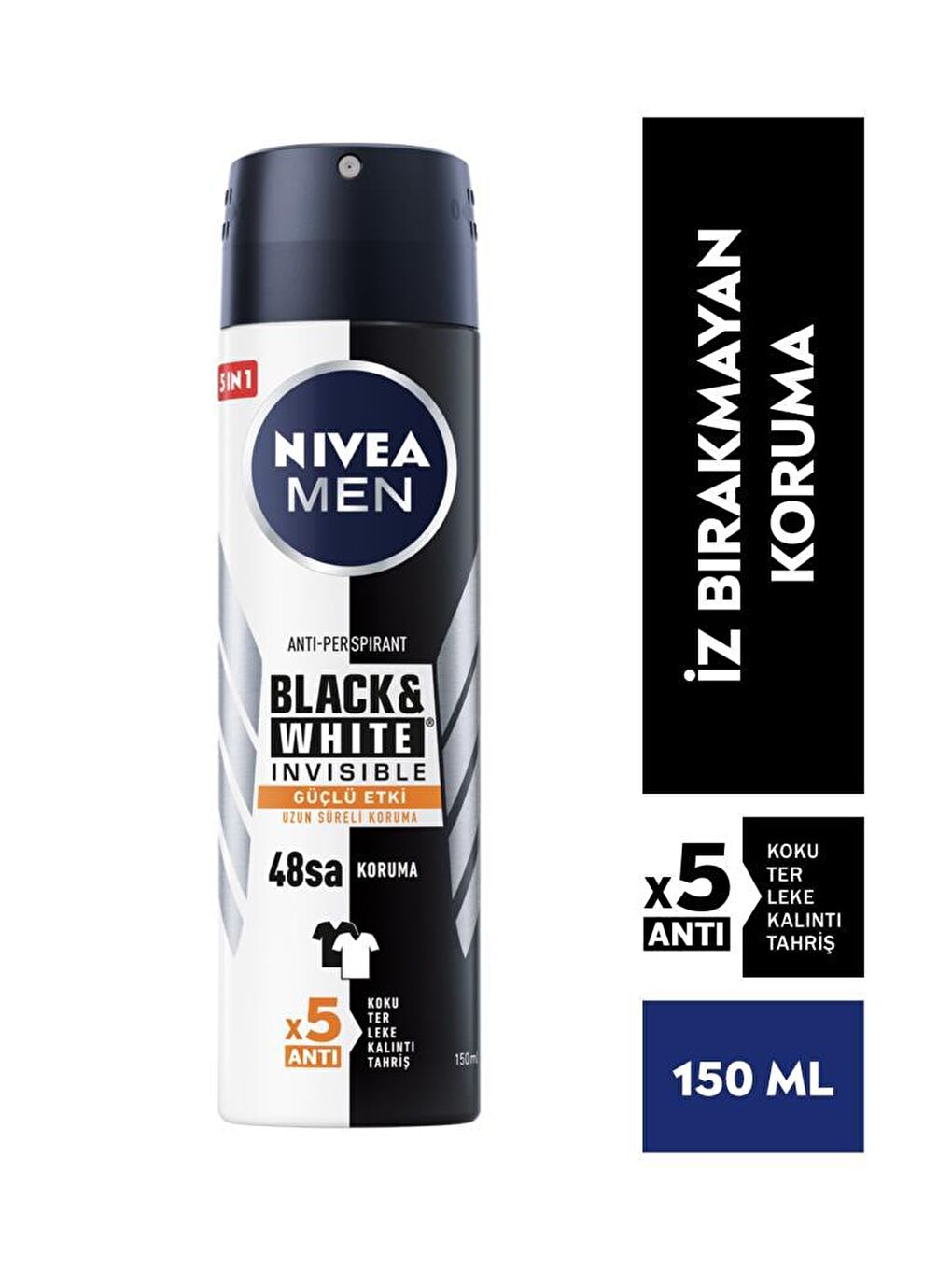 NIVEA Şeffaf Men Erkek Sprey Deodorant Black&White Invisible Güçlü Etki 48 Saat Anti-Perspirant Koruma 150 ml